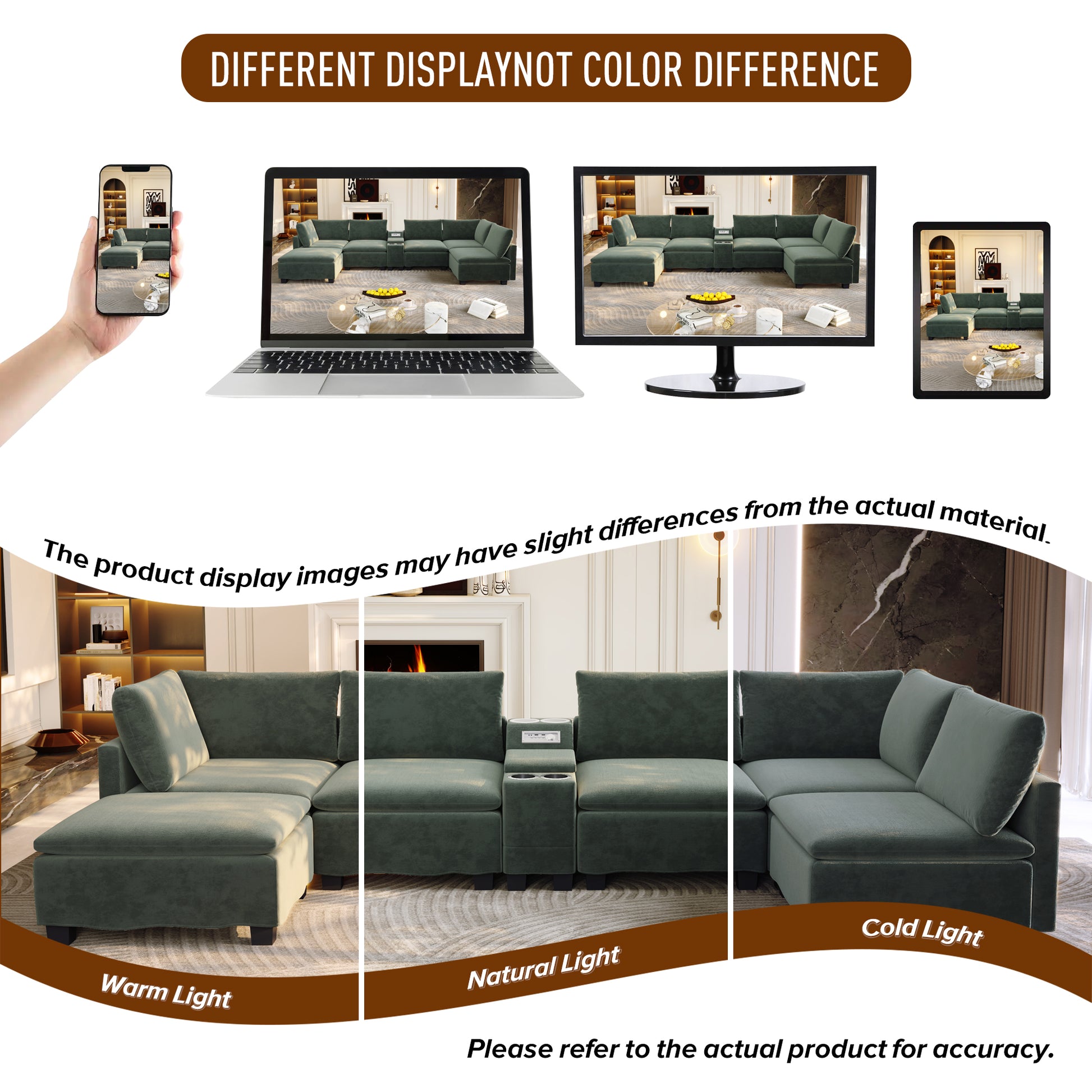 121.2" Modular U-Shaped Cloud Sectional Sofa with Movable Ottoman, Chenille Convertible Sofa Bed with Hidden Storage & USB Ports & Cup Holders & Bluetooth Speaker for Living Room, Apartments, Green image 12