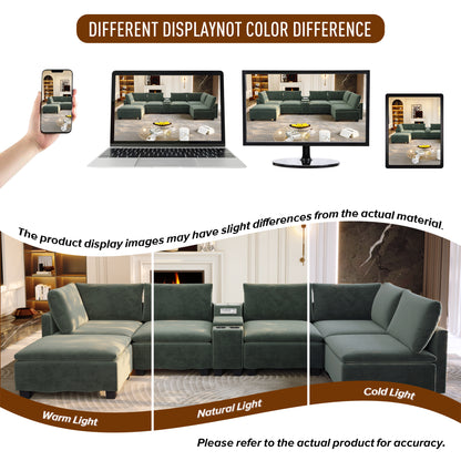 121.2" Modular U-Shaped Cloud Sectional Sofa with Movable Ottoman, Chenille Convertible Sofa Bed with Hidden Storage & USB Ports & Cup Holders & Bluetooth Speaker for Living Room, Apartments, Green image 12