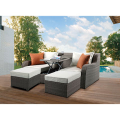 Salena Beige Fabric & Gray All-Weather Wicker Patio Sofa & Ottoman with 2 Toss Pillows