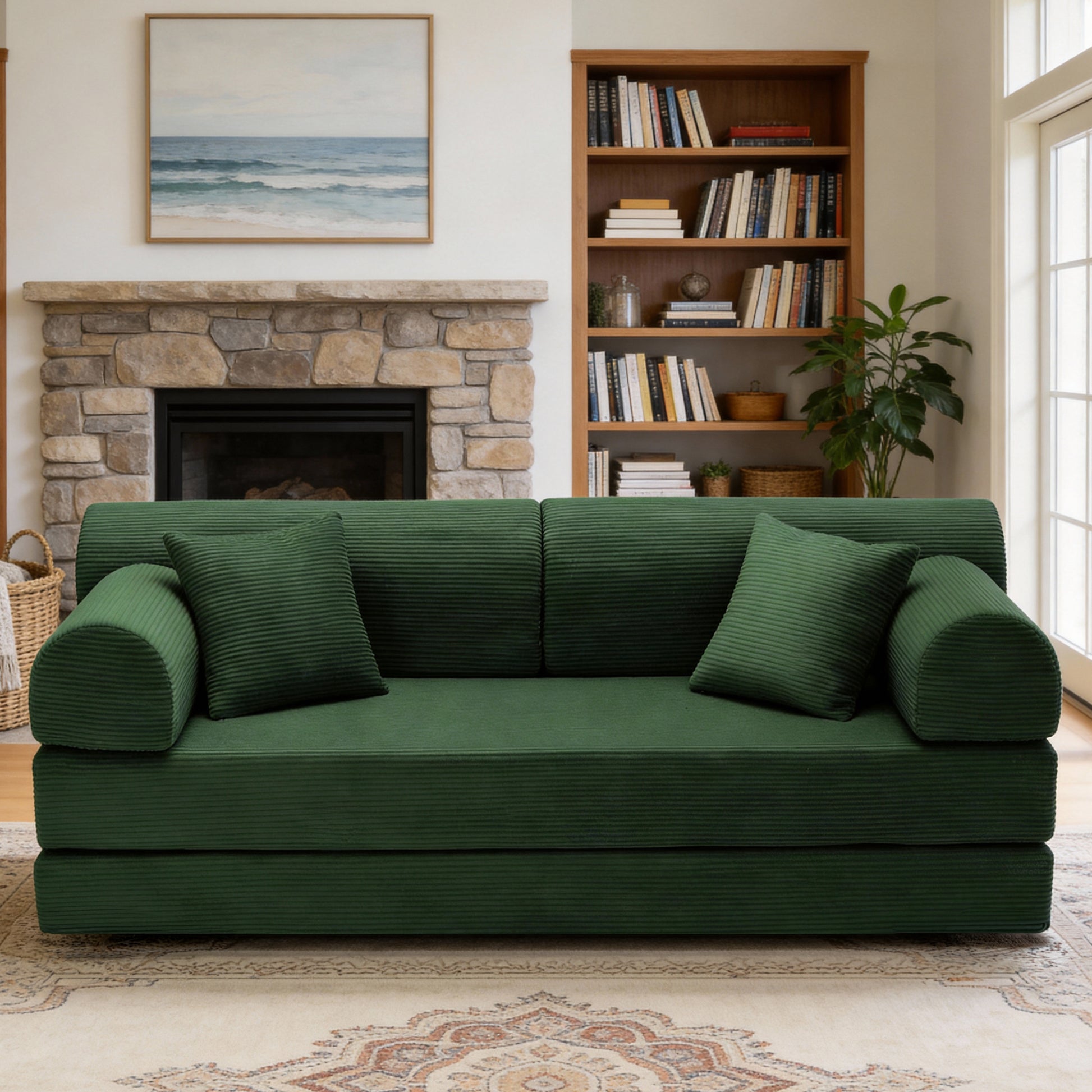 Convertible Sleeper Sofa Bed,Corduroy Folding Mattress Couch with Fixed-Shape Frame, Floor Sofa Lounge Couch for Living Room Bedroom(Green) image 2