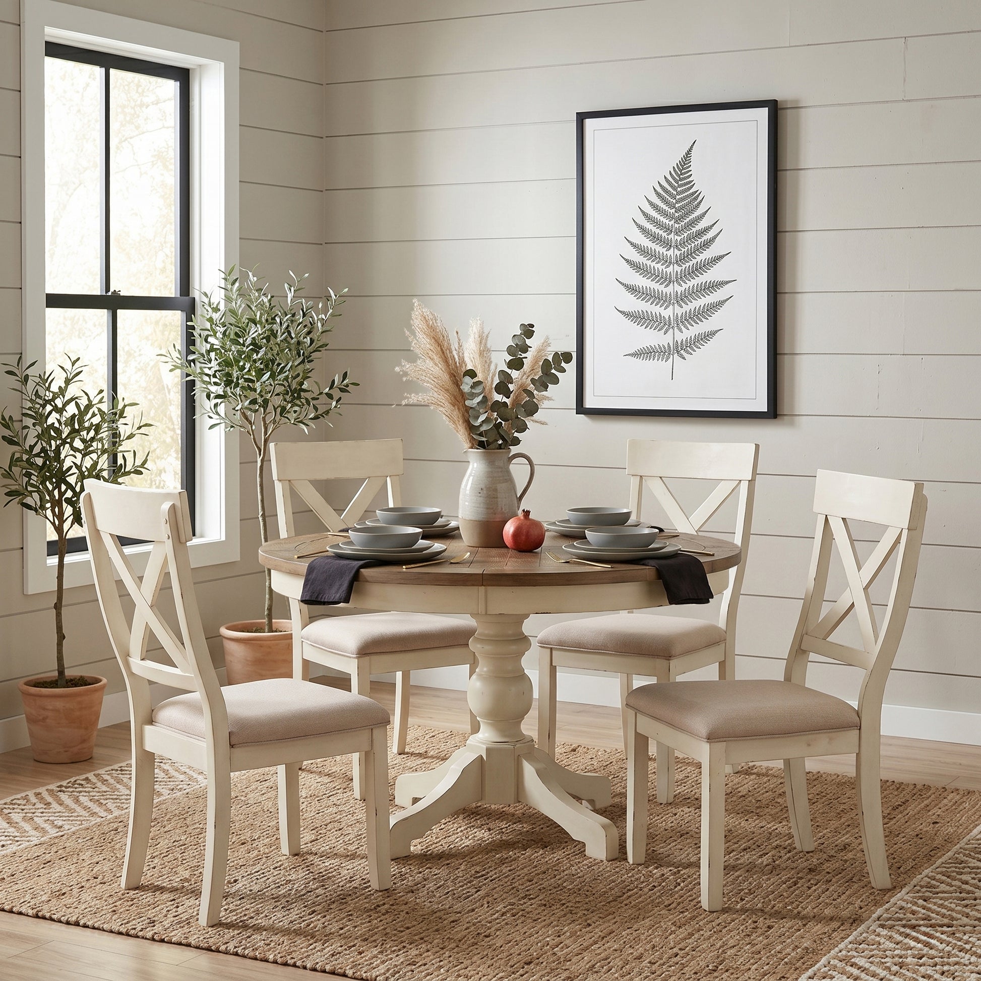 Prato Round Antique White and Distressed Oak Two-tone Finish Wood Dining Table image 9