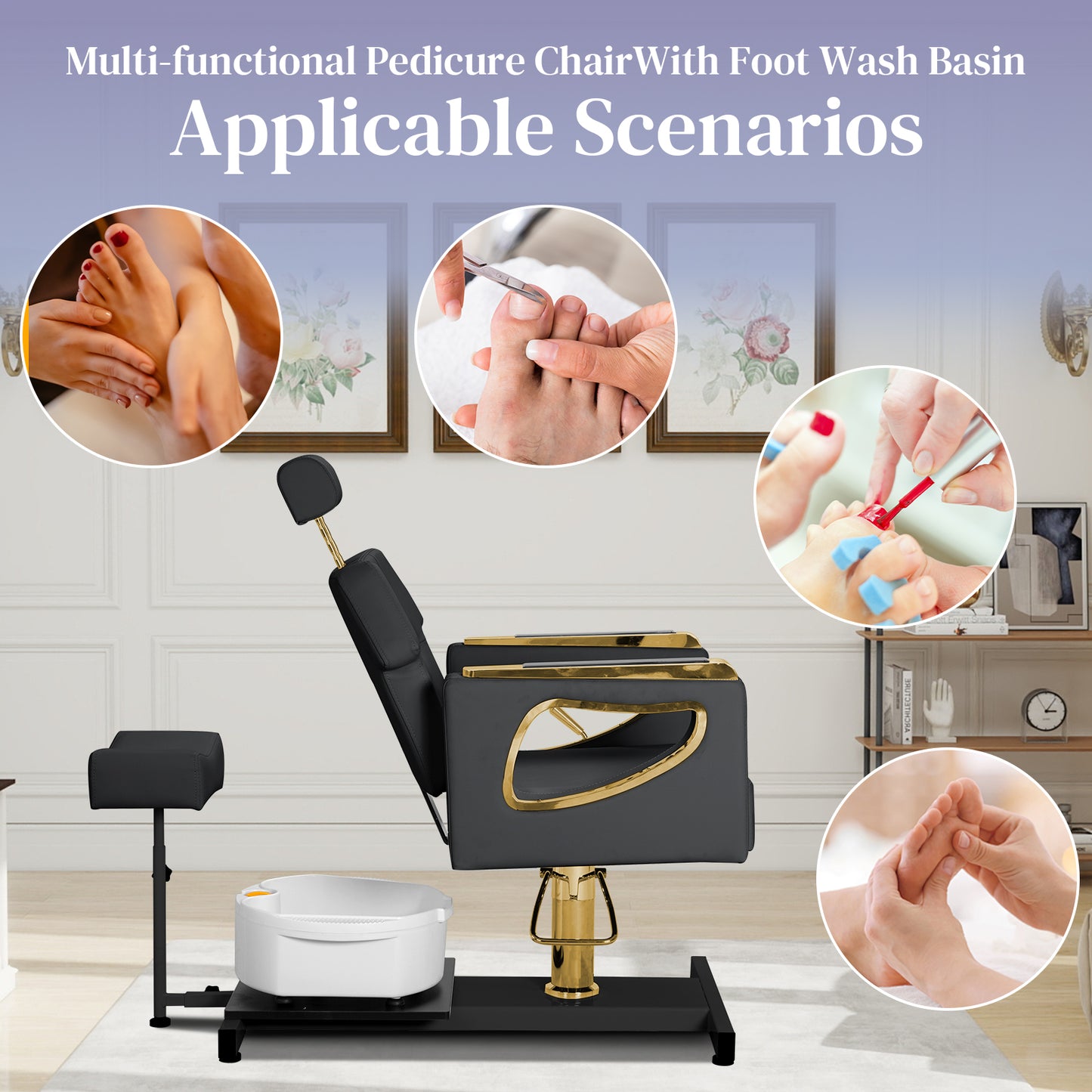 Pedicure Chair No Plumbing,Reclining Pedicure Station Unit with Adjustable Height and 360 Swivel,Hydraulic Foot Spa Chiar with Footrest and Massage Foot Bath, Gold image 5