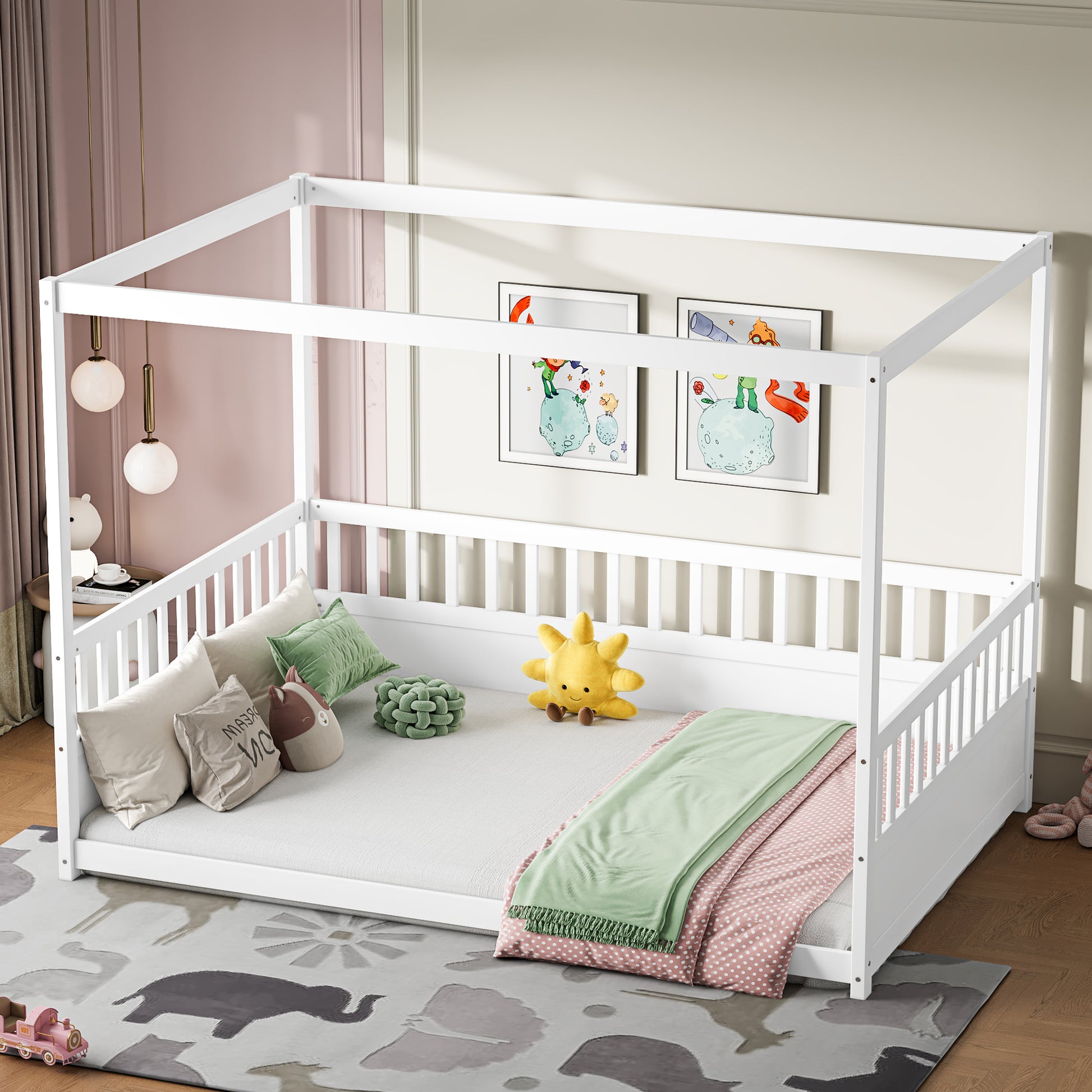 Full Size Canopy Bed Frame with Guardrails for Kids,Floor Bed Full with Four Poster Design,Kids Montessori Floor Bed,Wood Canopy Bed Frame for Girls,Boys(Full,White) image 2