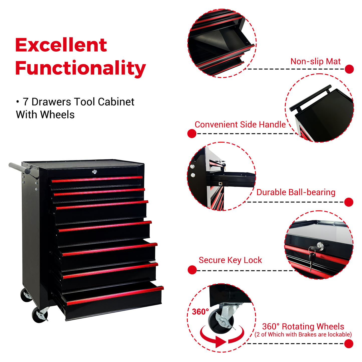 Rolling Metal Tool Chest with 7 Drawers, 20" 7-Drawer Tool Chest Cabinet with Ball Bearing Drawer Slides, Steel Tool Storage Box Organizer -BLACK image 5