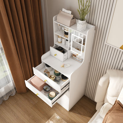 3-in-1 Dressing Table with LED Mirror & Storage Stool - Compact Makeup Vanity with 4 Drawers, Storage Cabinet & Hidden Stool, White Density Board Design, Open Bookshelf for Bedroom Organization image 6