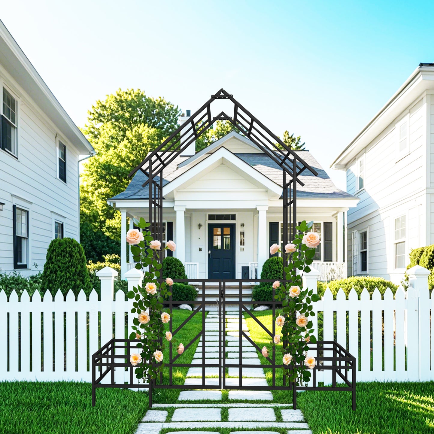 Metal Garden Arch with Gate with planter W80.71*H97.24 Climbing Plants Support Rose Arch Outdoor Black image 9
