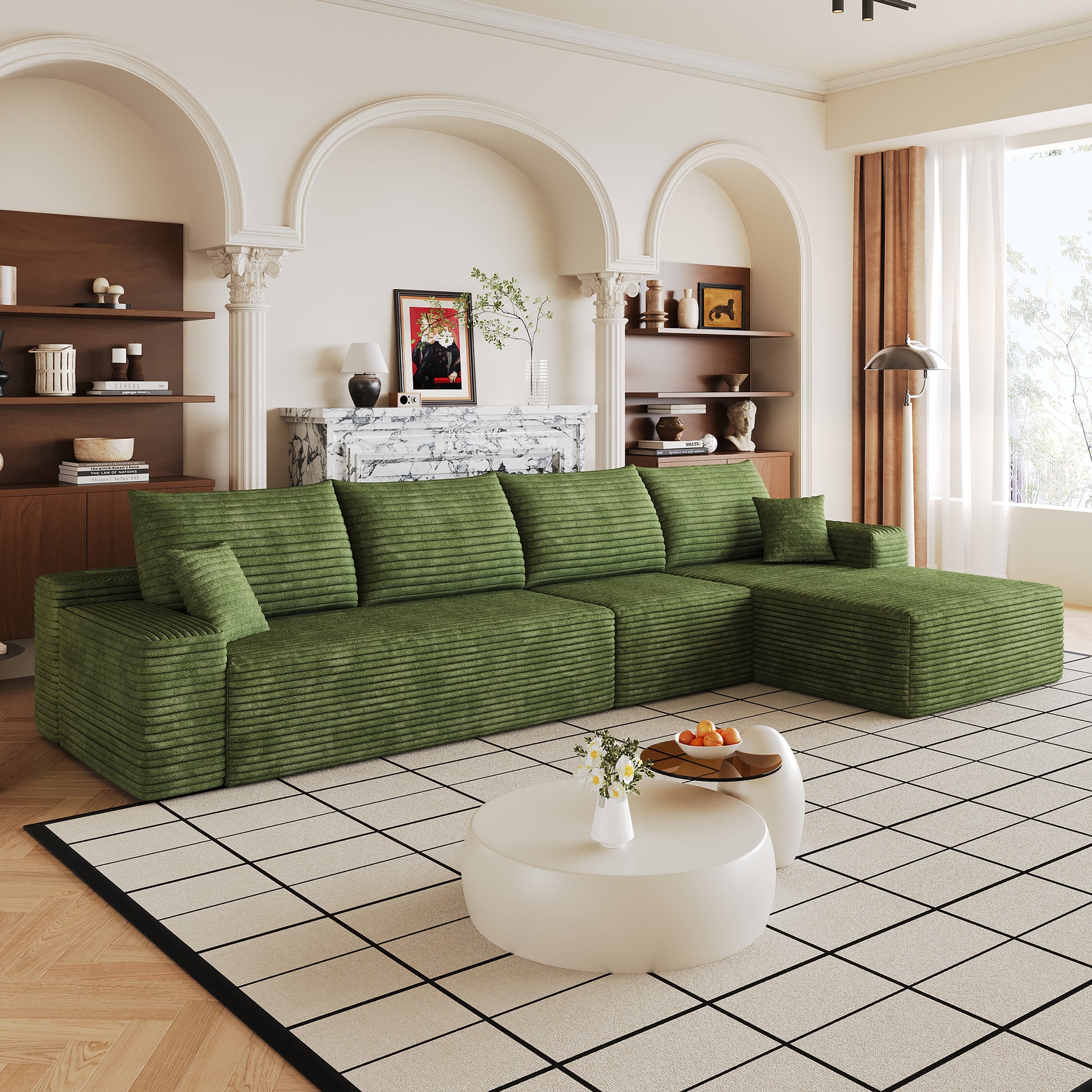 135" Cloud Sectional Couch with L-Shape Chaise,Modern Modular Sofa with Deep Seat, Upholstered Couches for Living Room Bedroom,No Assembly Required, (Plush Corduroy Fabric),Green image 2