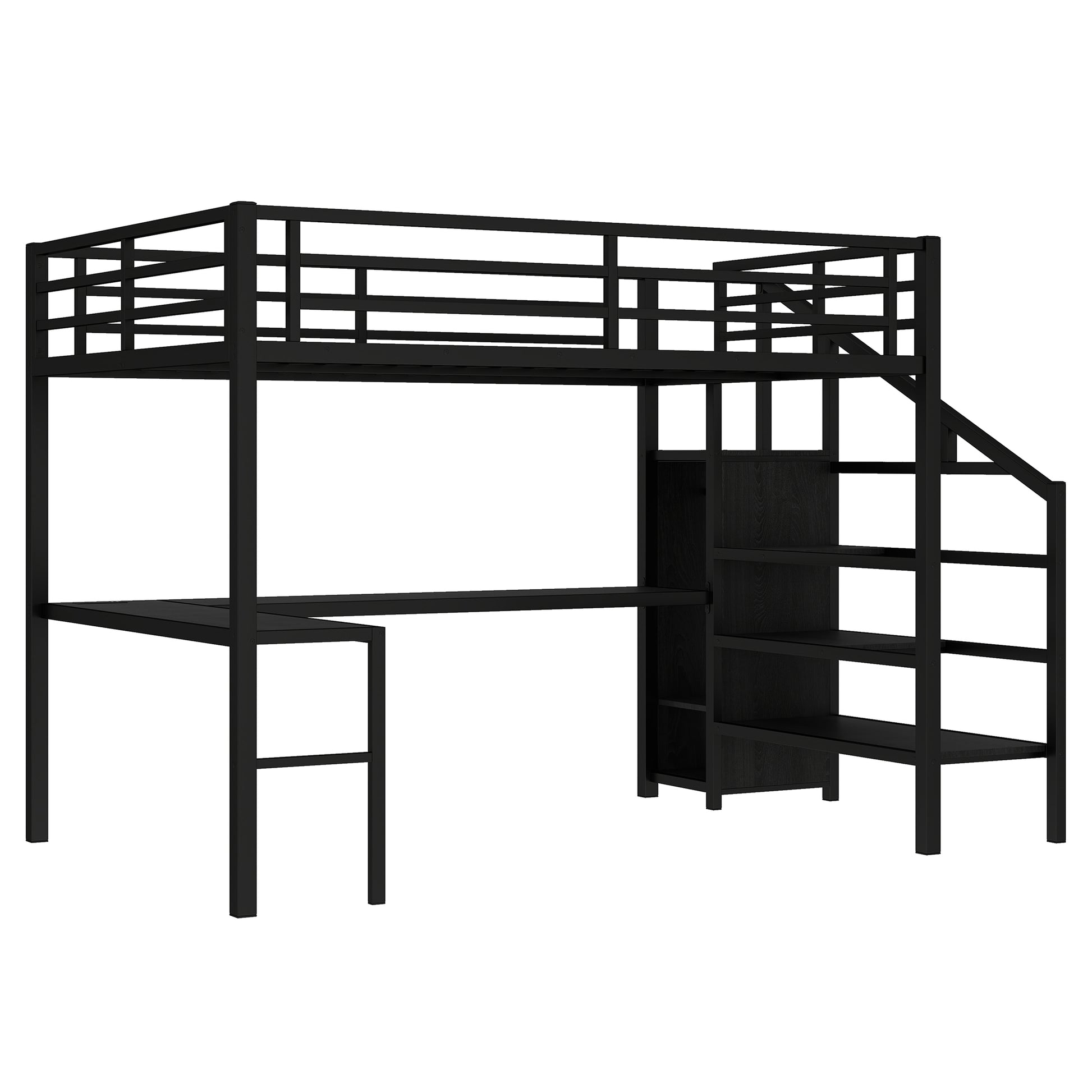 Queen Size Loft Bed with L-shaped Desk and USB, Metal Loft Bed with Wardrobe and Adjustable Shelf, High Loft Bed with LED for Kids Teens Adults, Black image 8