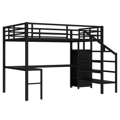 Queen Size Loft Bed with L-shaped Desk and USB, Metal Loft Bed with Wardrobe and Adjustable Shelf, High Loft Bed with LED for Kids Teens Adults, Black image 8