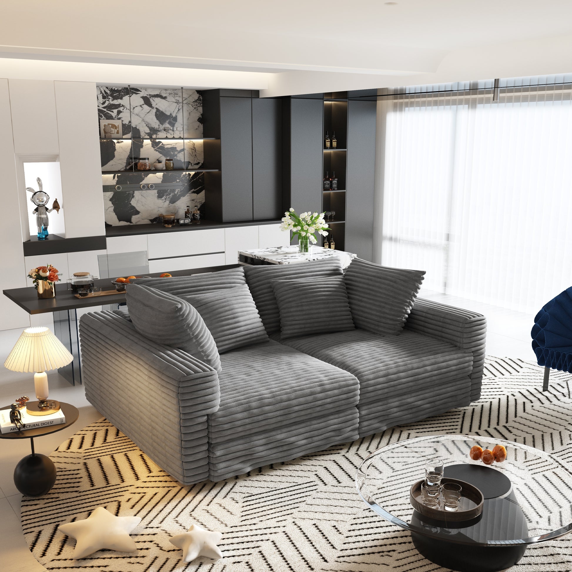 102.4 "Plush Corduroy 4-Seat Sofa,Modern Comfy Upholstered Sofa Cloud Couch,Deep Seat Couches with Soft Pillows and Movable Ottoman,Convertible Sofa Lounge Chair,Grey(Old SKU:W1885S00274) image 6
