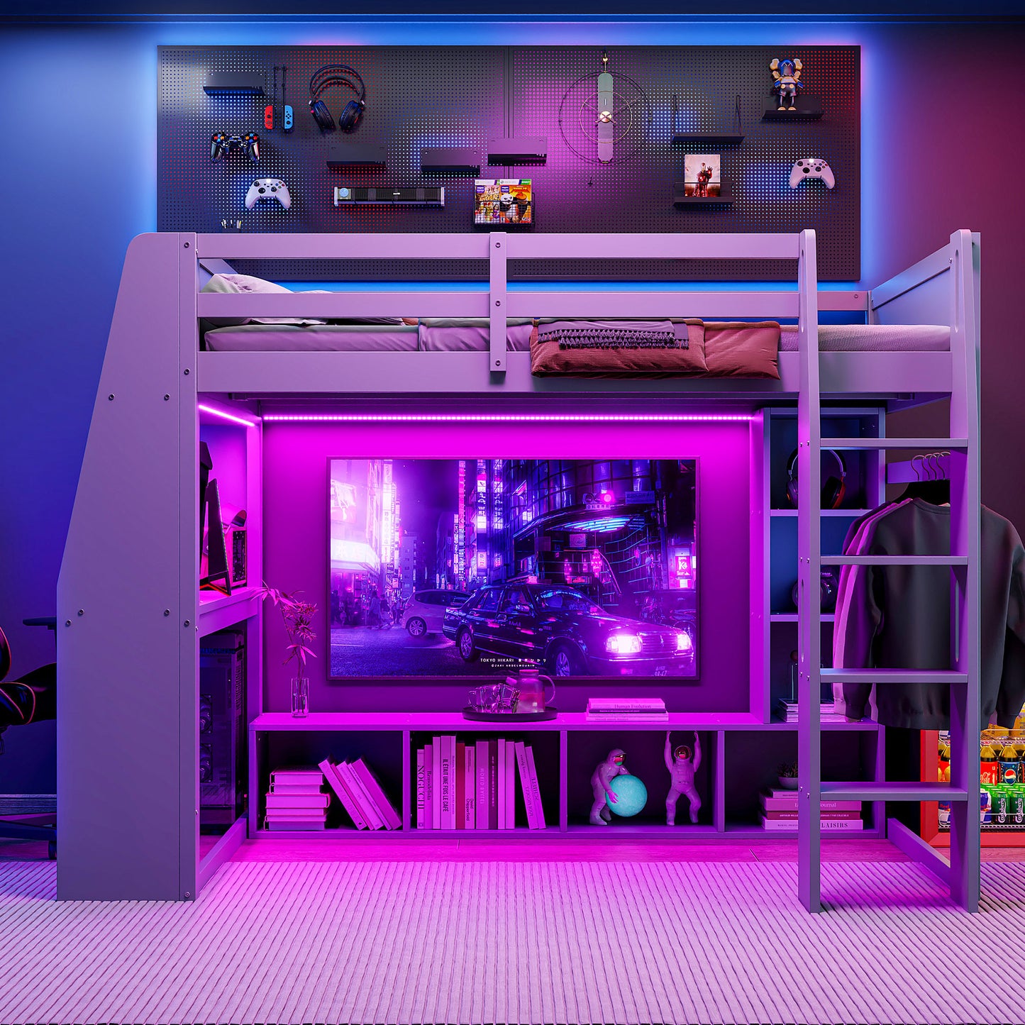 Wood Full Size Gaming Loft Bed with Desk, Multi-storage Shelves, LED and a Hanging Clothes Rack, Gray(Old SKU:N7090001042E) image 3