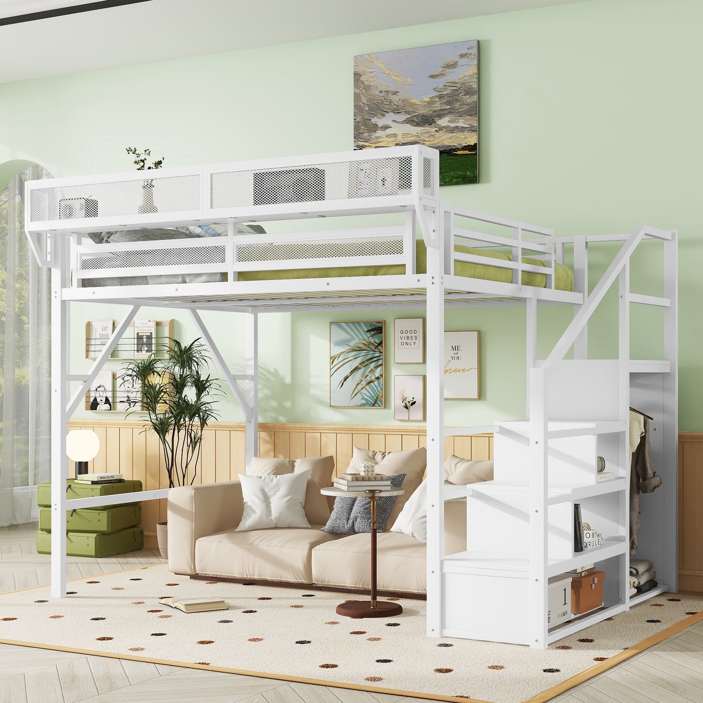 Queen Size Loft Bed with Stairs, Metal Queen Loft Bed with Storage Shelves, High Loft Bed with Wardrobe for Kids Teens, White, Patent Products image 1