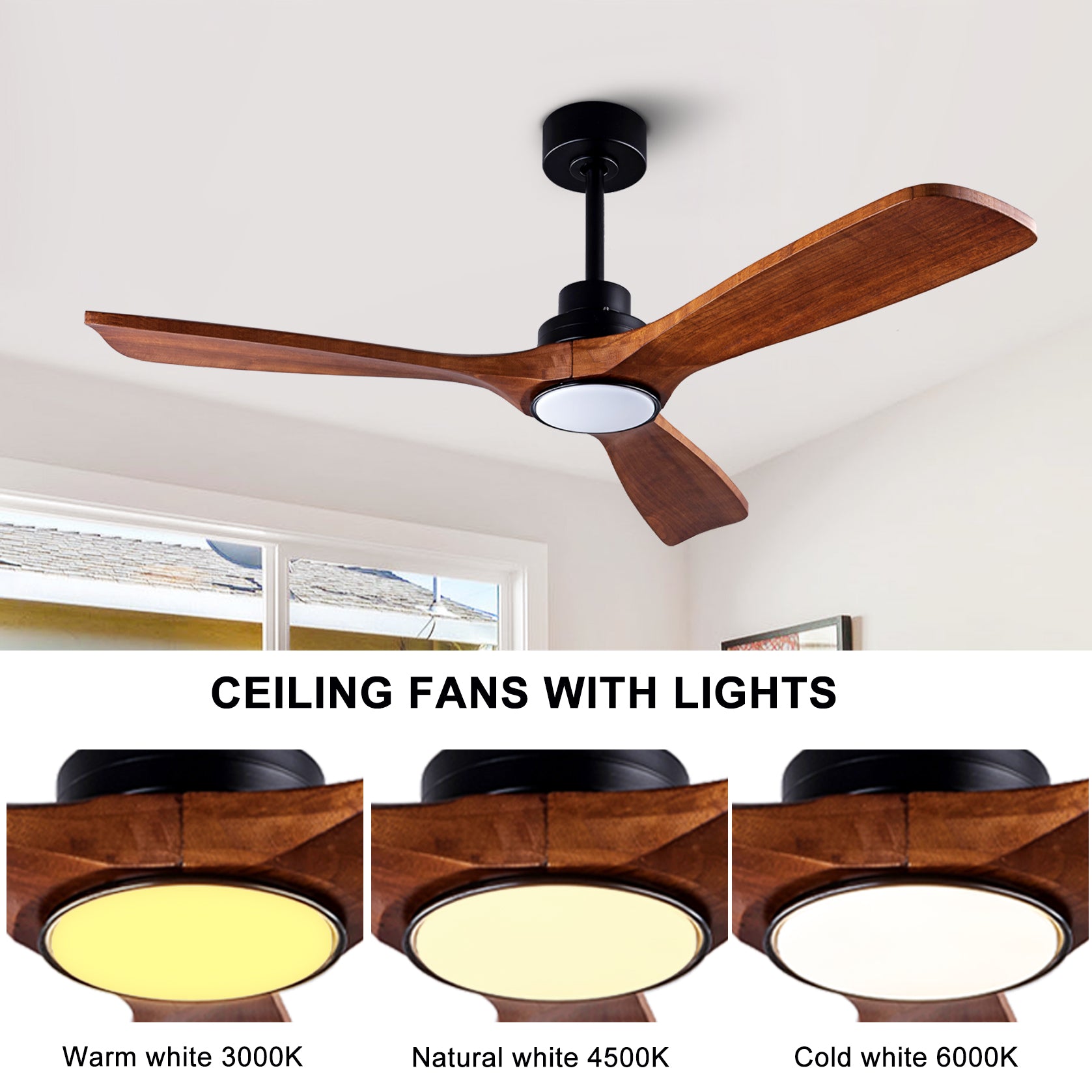 Ceiling Fans with Lights and Remote 52'' Outdoor Ceiling Fan with 6 Speed Noiseless Reversible DC Motor, Indoor 3 Blade Wood Ceiling Fan for Farmhouse Bedroom Living Room Gazebo Patio Black image 5