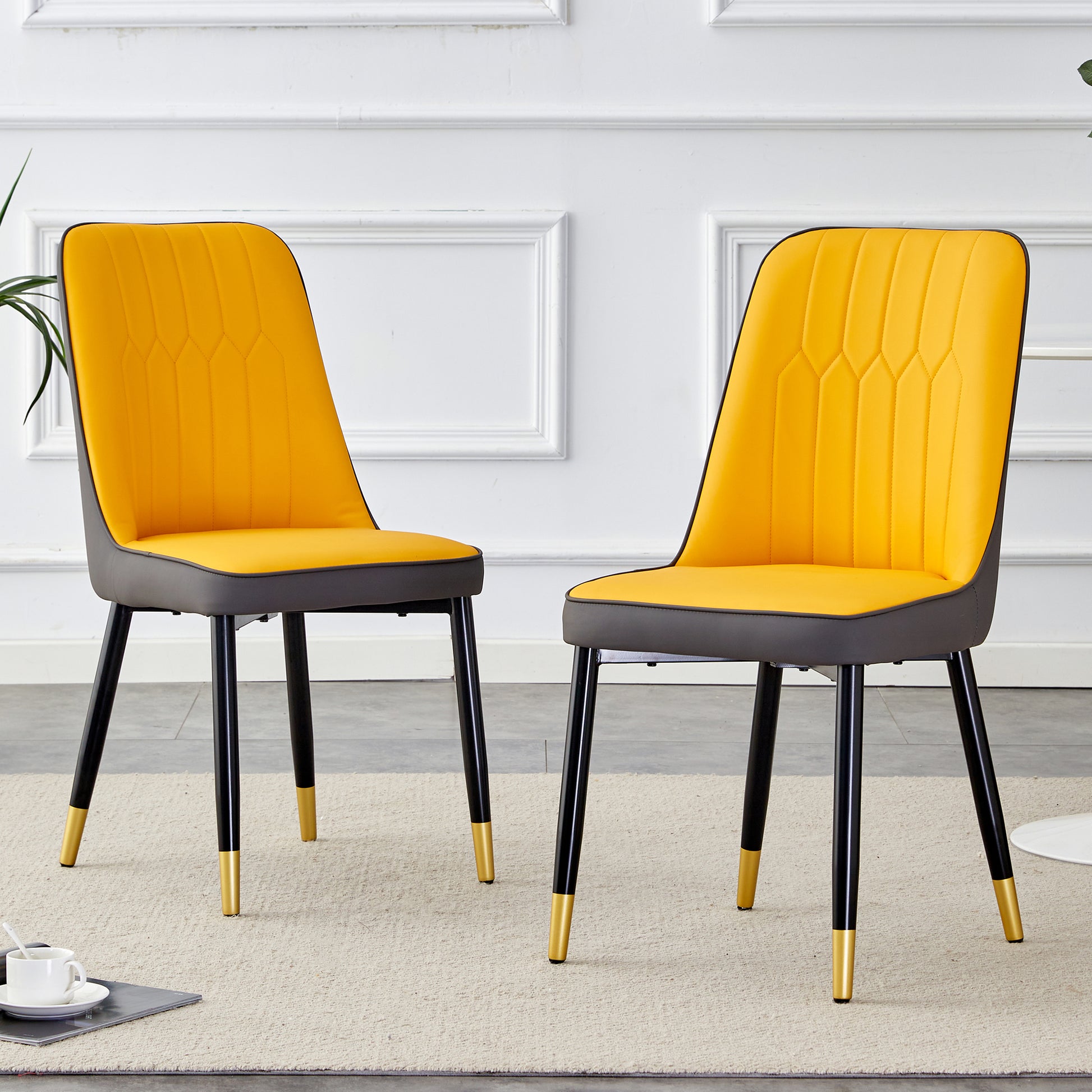 Orange yellow and dark gray stitching style, equipped with artificial leather cushioned seats, suitable for kitchen, living room, and dining room, 2-piece set (orange yellow and dark gray+PU) C-007 image 2