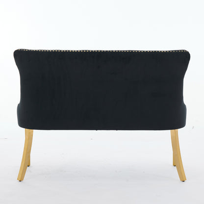 Velvet Double Dining Loveseat Bench, Kitchen & Dining Seating, 2-Seat Tufted Bench w/Handmade Buttons, Wing Back, Gold-Plated Steel Legs, Mid Century Modern,Single Pack,Black,SW1602BK image 7