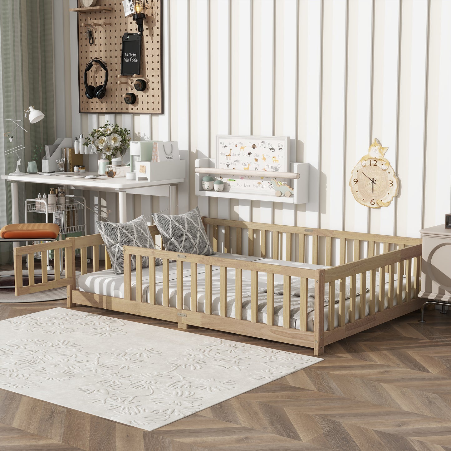 Full Size Floor Bed with Fence and Door,Rubber Wood Floor Bed with Safety Guardrails,Natural (Old Sku W504P286380) image 2