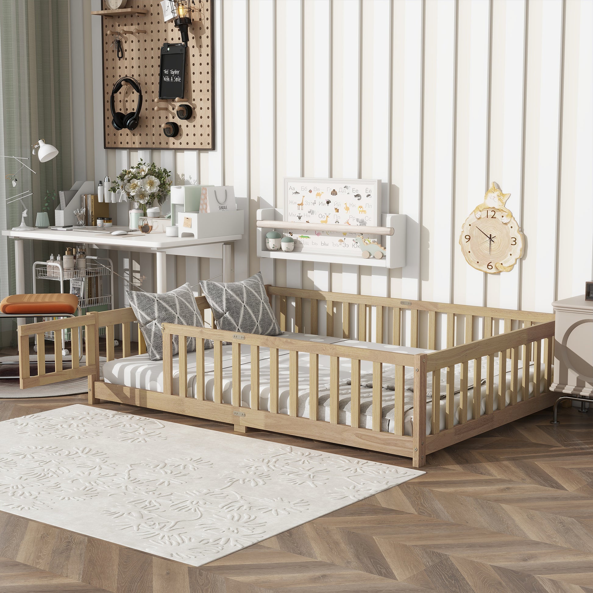 Full Size Floor Bed with Fence and Door,Rubber Wood Floor Bed with Safety Guardrails,Natural (Old Sku W504P286380) image 2