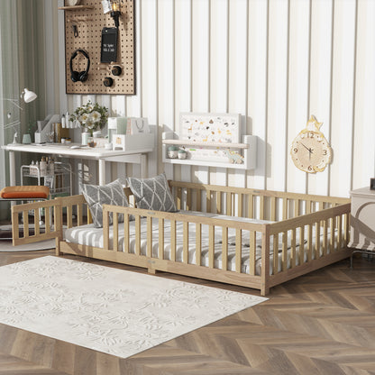 Full Size Floor Bed with Fence and Door,Rubber Wood Floor Bed with Safety Guardrails,Natural (Old Sku W504P286380) image 2