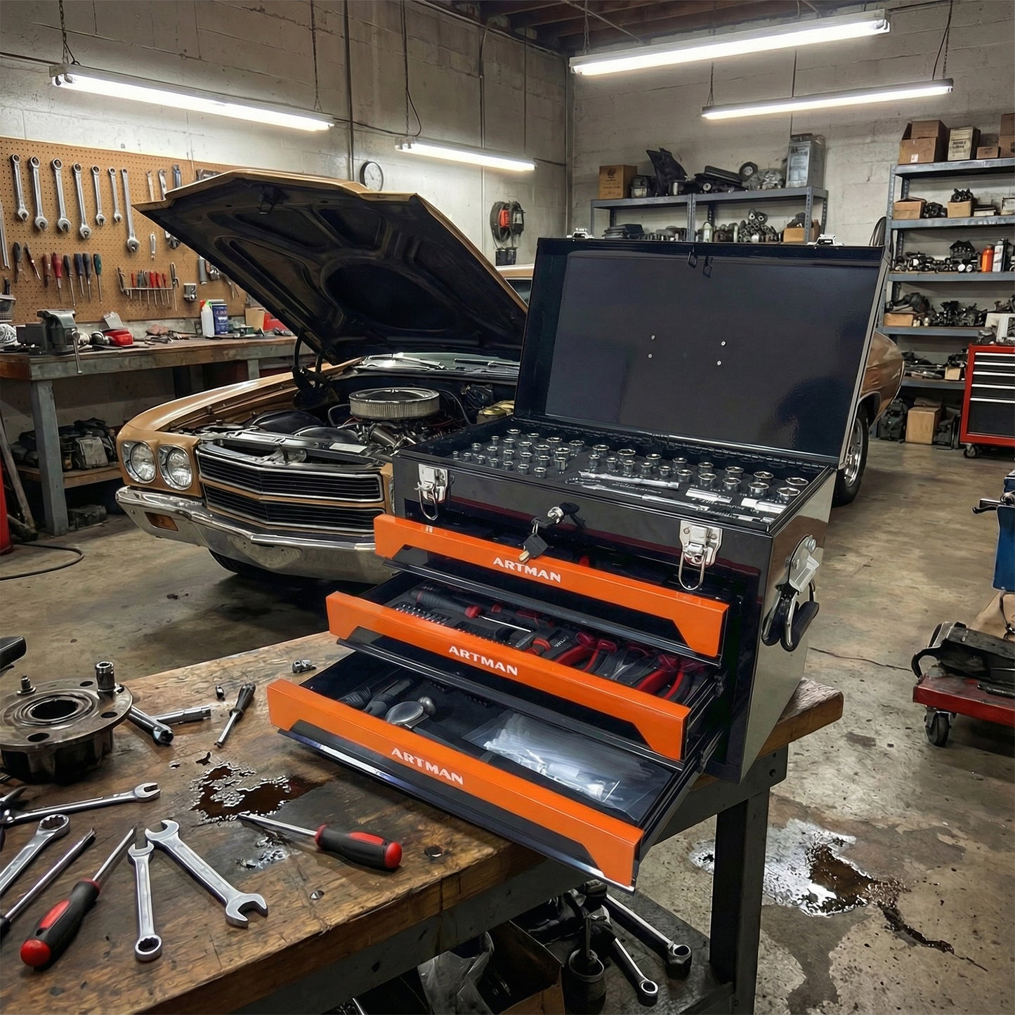 20'' Portable 3-Drawer Steel Toolbox, 4 Layers of Tools with Metal Latches, with Top Storage Tray and carrying Handle, Multi-Function Tool Storage for Garage, Home, or Workbench,Black&Orange image 10