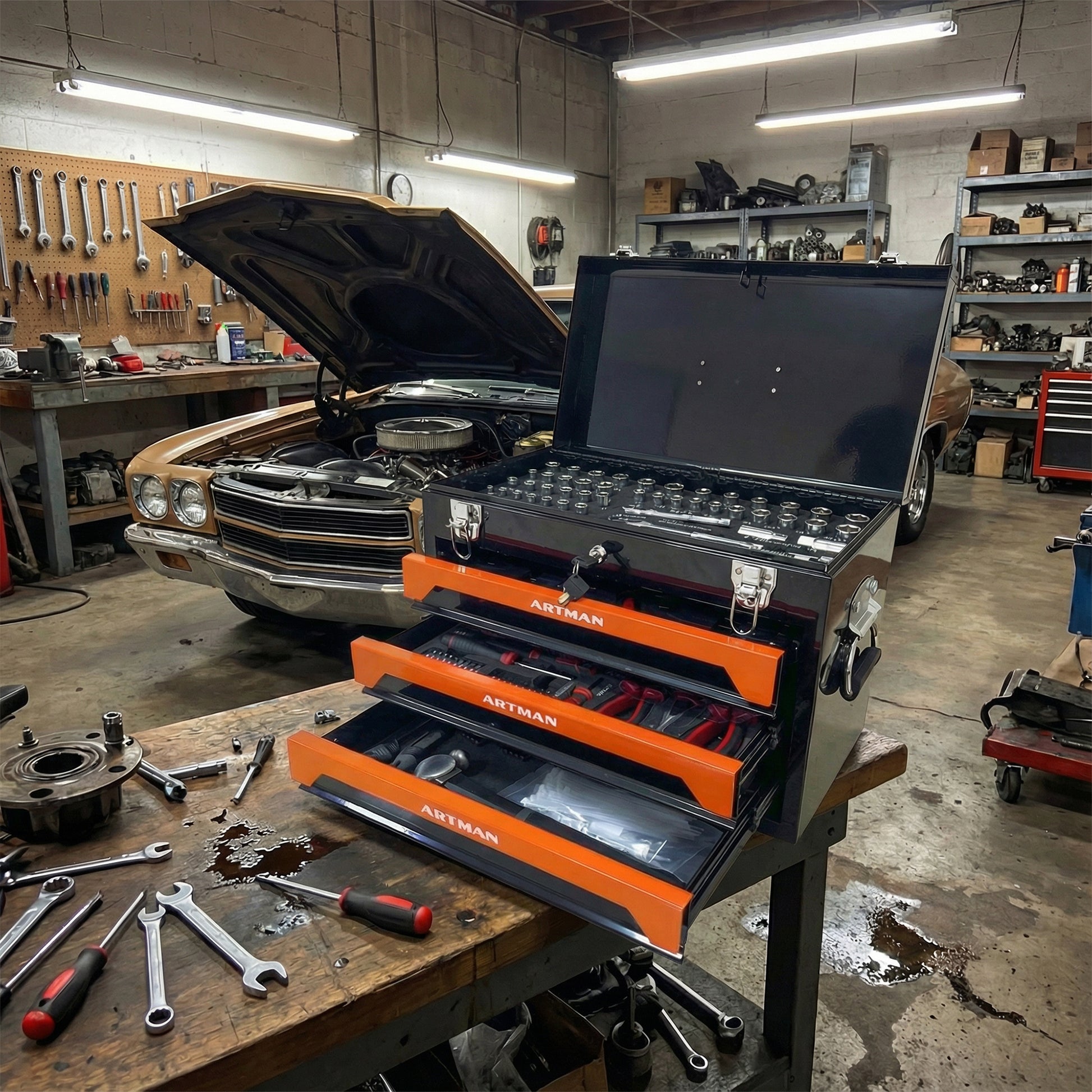 20'' Portable 3-Drawer Steel Toolbox, 4 Layers of Tools with Metal Latches, with Top Storage Tray and carrying Handle, Multi-Function Tool Storage for Garage, Home, or Workbench,Black&Orange image 10