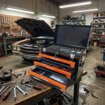 20'' Portable 3-Drawer Steel Toolbox, 4 Layers of Tools with Metal Latches, with Top Storage Tray and carrying Handle, Multi-Function Tool Storage for Garage, Home, or Workbench,Black&Orange image 10