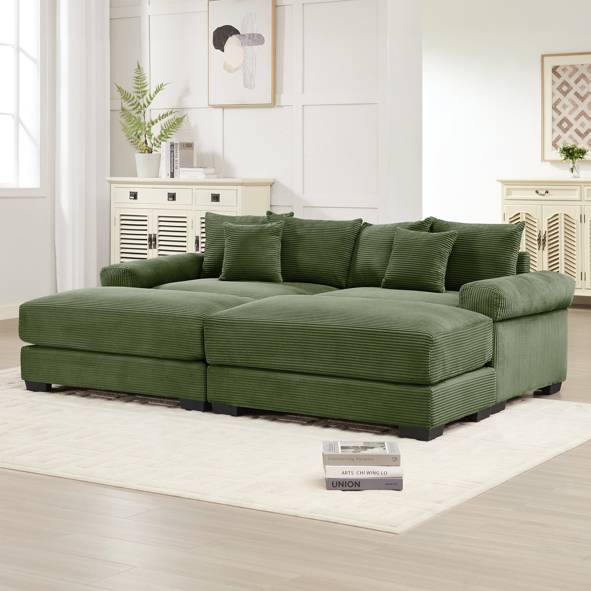 92" Oversized Cloud Modular Sectional Couch, Soft Corduroy Fabric With Chaise 6 Throw Pillows, Deep Seat Wide Armrests, Ergonomic Design Easy Assembly, Soft Corduroy,For Living Rooms Lounges, Green image 2