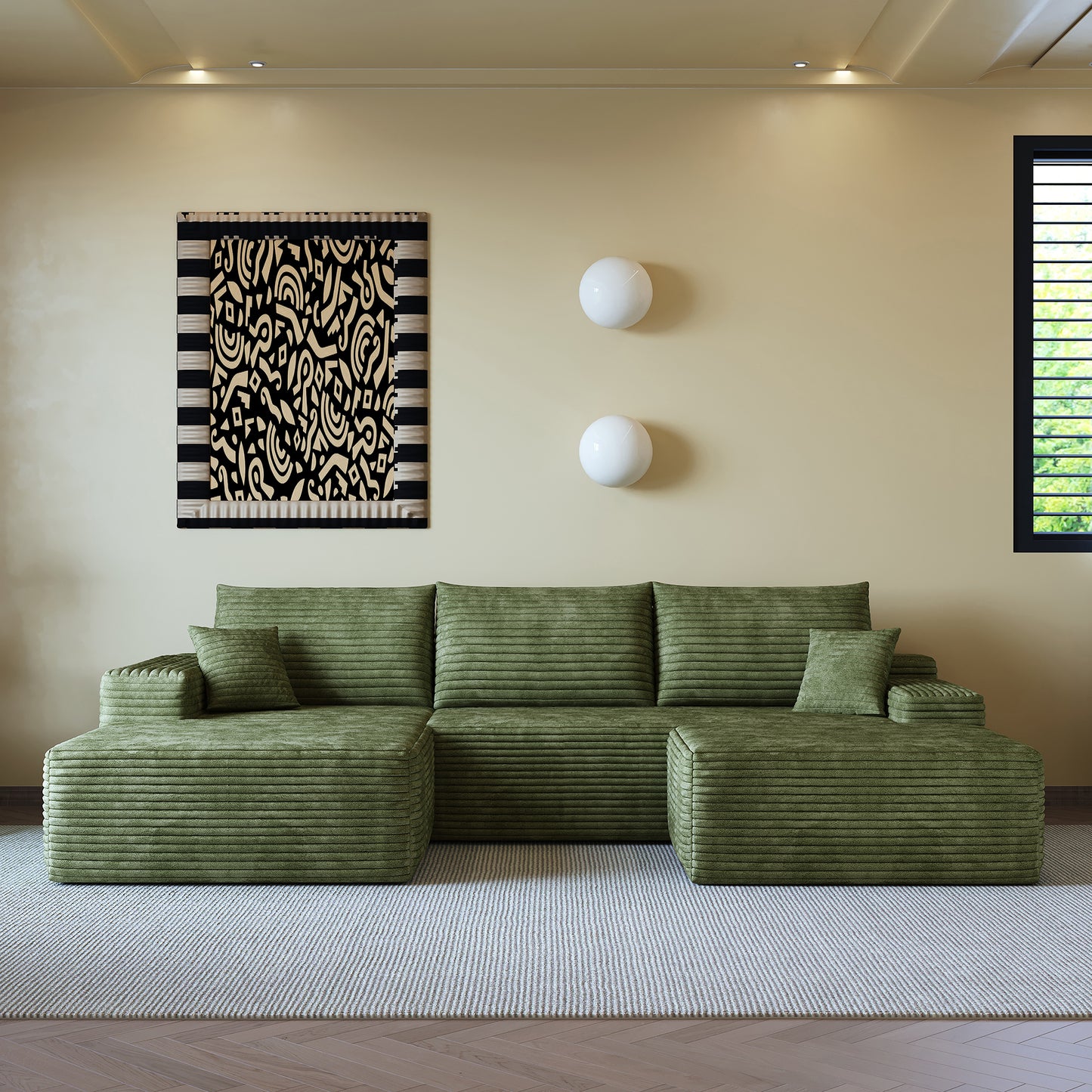 107"Cloud Sectional Sofa with 1 Ottoman,Modern Minimalist Upholstered Couches,Comfort U Shaped Sofa for Living Room,Deep Seat Corner Couch,No Assembly Required (Plush Corduroy Fabric),Green image 4