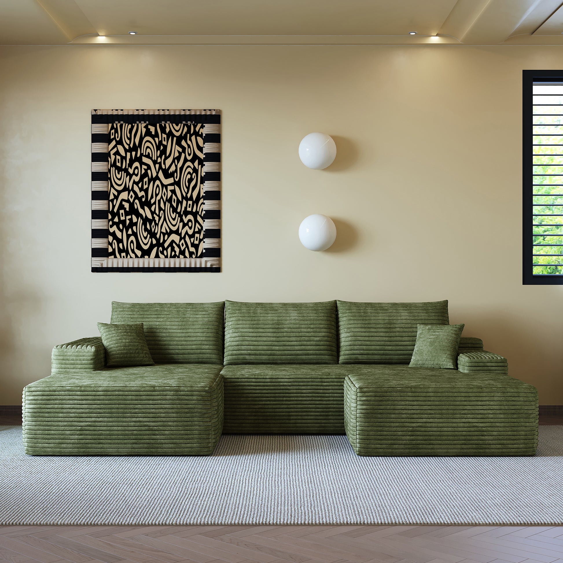 107"Cloud Sectional Sofa with 1 Ottoman,Modern Minimalist Upholstered Couches,Comfort U Shaped Sofa for Living Room,Deep Seat Corner Couch,No Assembly Required (Plush Corduroy Fabric),Green image 4