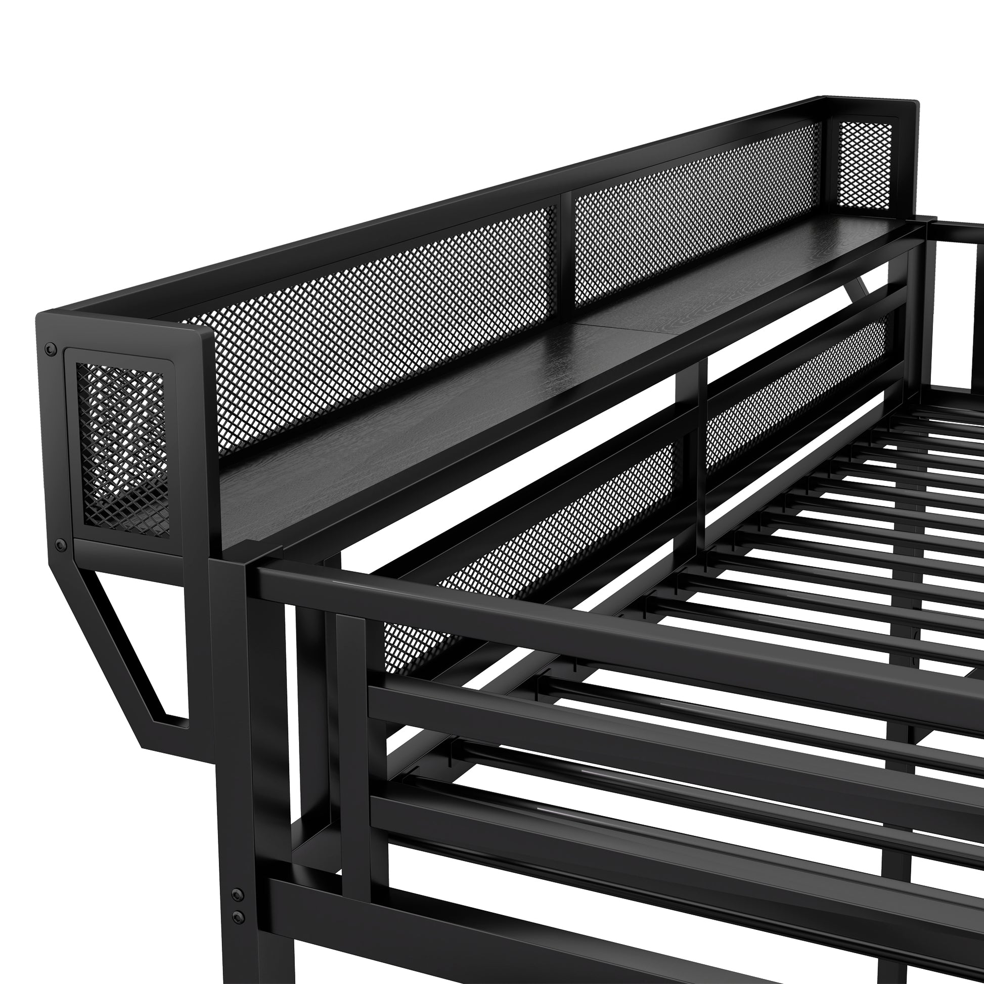 Queen Size Loft Bed with Stairs, Metal Queen Loft Bed with Storage Shelves, High Loft Bed with Wardrobe for Kids Teens Adults, Black(Old skuW2580S00038) image 10