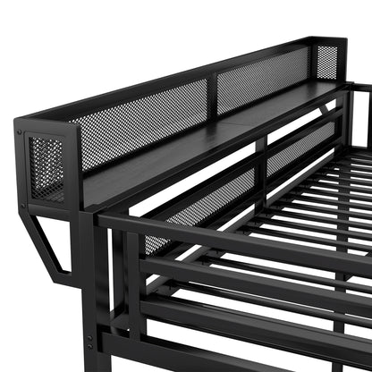 Queen Size Loft Bed with Stairs, Metal Queen Loft Bed with Storage Shelves, High Loft Bed with Wardrobe for Kids Teens Adults, Black(Old skuW2580S00038) image 10