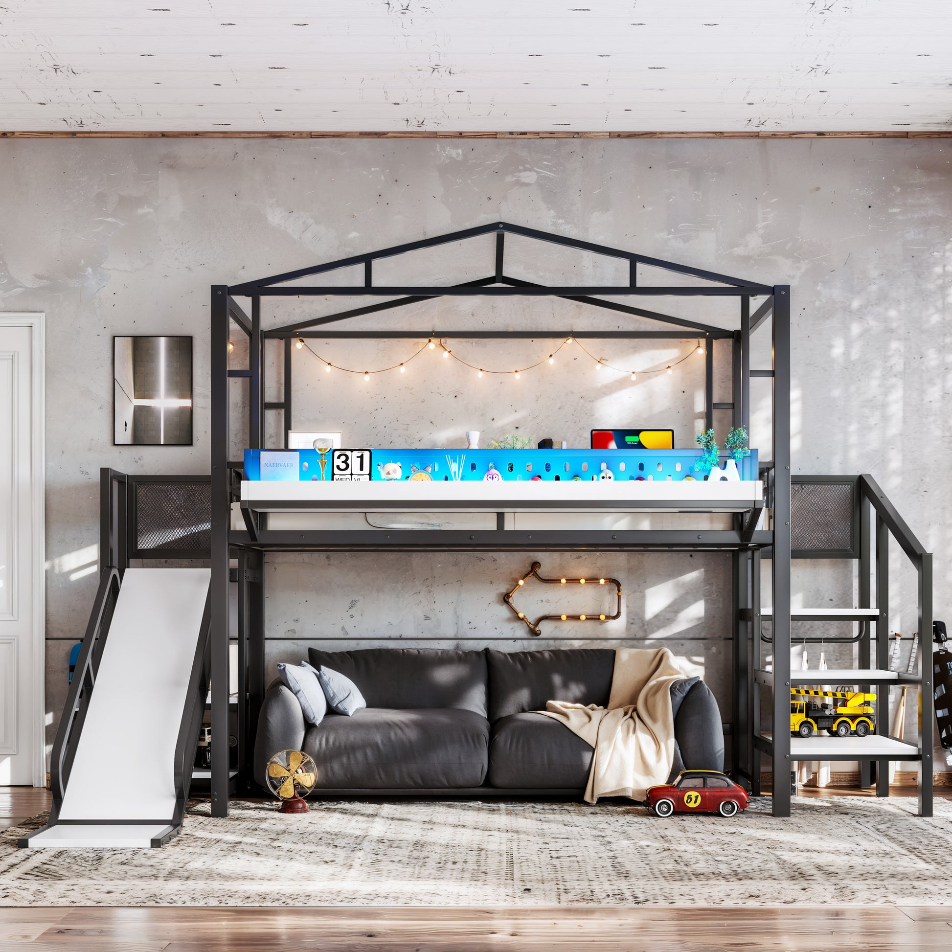 Twin Size Loft Bed with Storage Stairs, Shelves and Built-in Wardrobe, Metal Loft Bed Frame with USB Ports and LED Lights, Noise-reduced Design, Black image 4