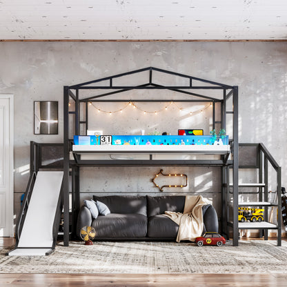 Twin Size Loft Bed with Storage Stairs, Shelves and Built-in Wardrobe, Metal Loft Bed Frame with USB Ports and LED Lights, Noise-reduced Design, Black image 4