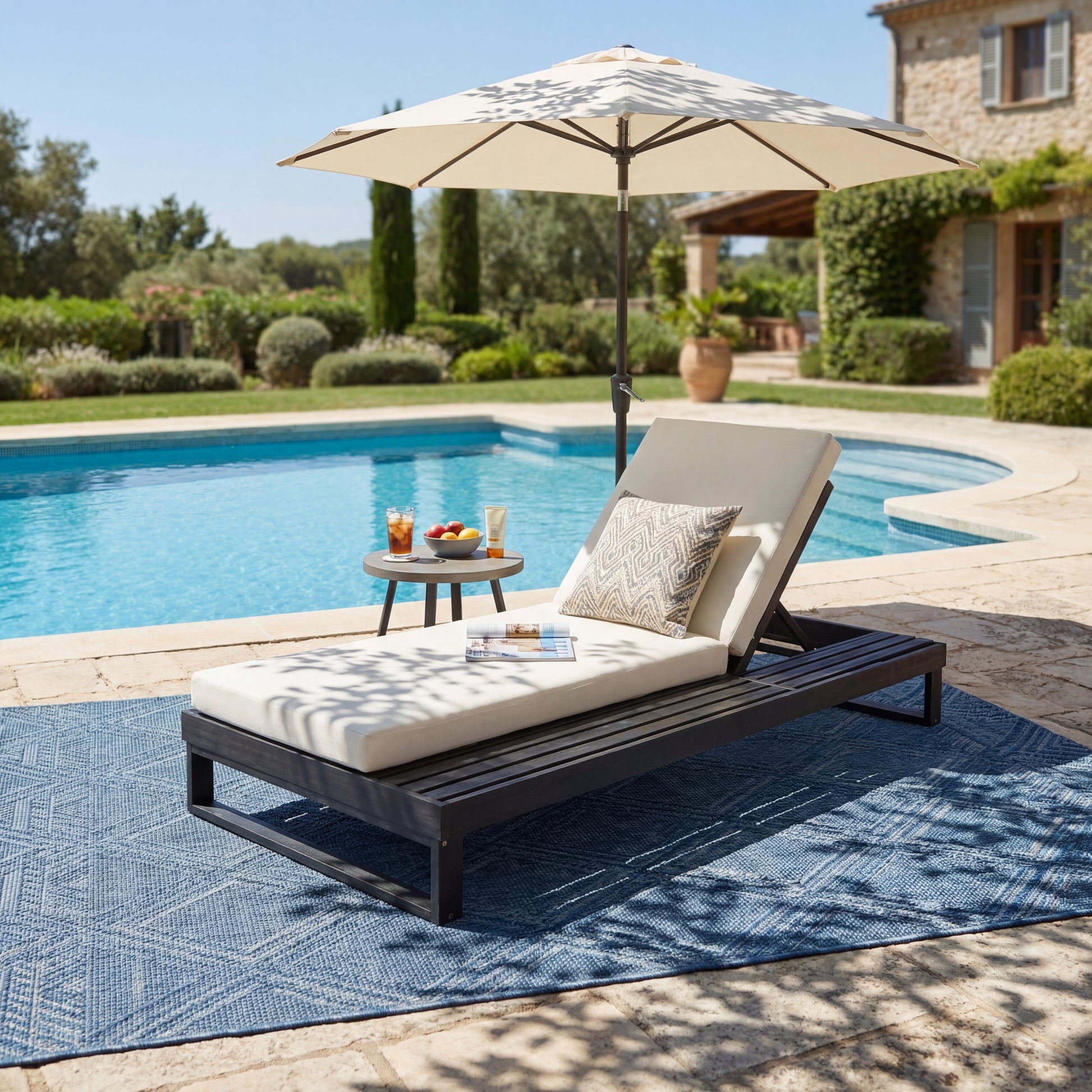 Black Acacia Wood Chaise Lounge with 4-Inch Cream 2-FoldCushion Set, 4-Position Adjustable Outdoor Patio Lounger with Flat Side Surface, for Poolside- Matching dark grey version available image 1
