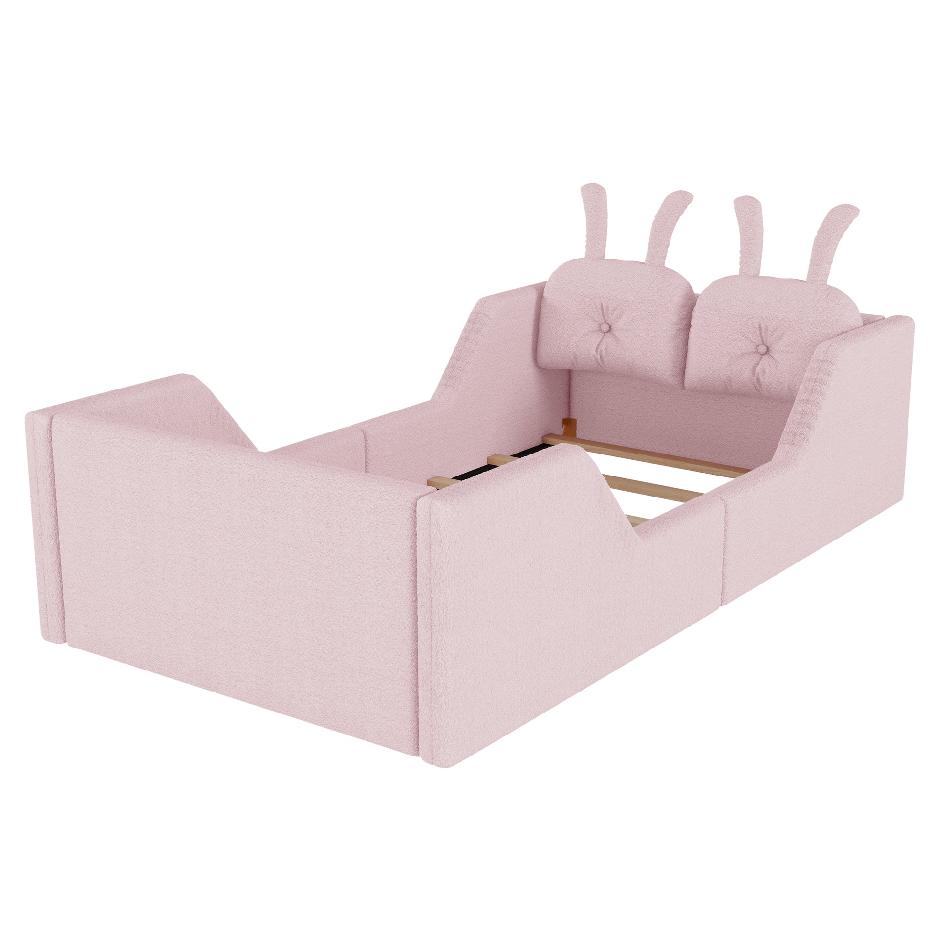 Twin Size Upholstered Platform Bed with Rabbit Cushion, Kids Floor Upholstered Bed with Removable Side Rails, Pink(Old SKUW2593P395807 Expect Arrival Date 2026/7/14) image 9