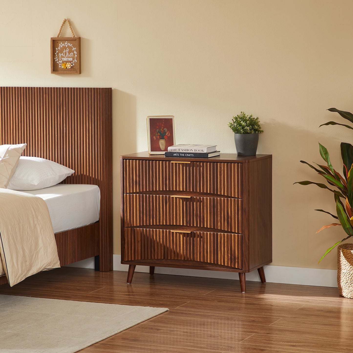 Fluted 3 Drawer Dresser, Mid-Century Modern Tall Chest of Drawers with Vertical Grooved Design, Solid Wood Storage Cabinet with Metal Handles for Bedroom Living Room, Walnut (31.5"W x 15"D x 30"H) image 2