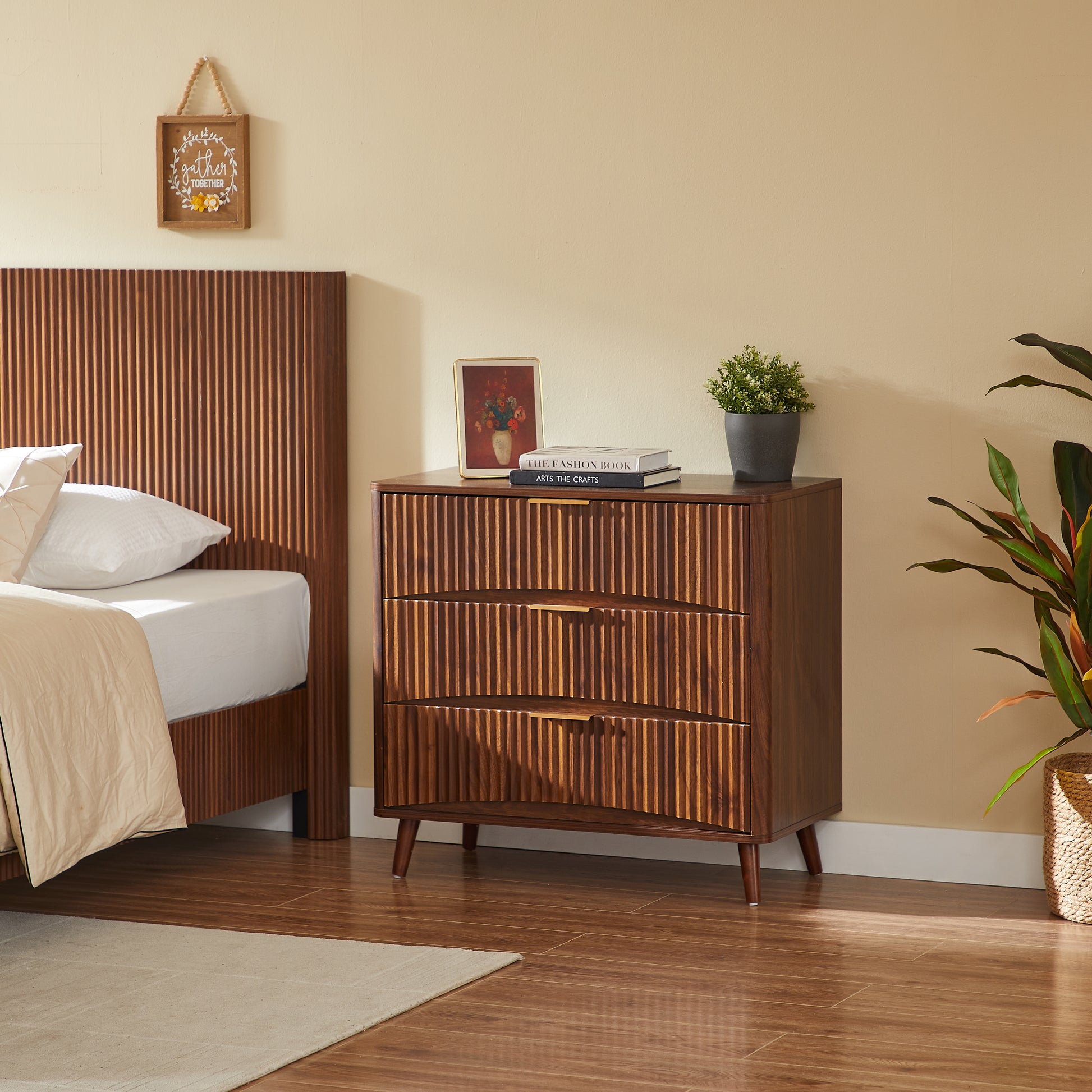 Fluted 3 Drawer Dresser, Mid-Century Modern Tall Chest of Drawers with Vertical Grooved Design, Solid Wood Storage Cabinet with Metal Handles for Bedroom Living Room, Walnut (31.5"W x 15"D x 30"H) image 2