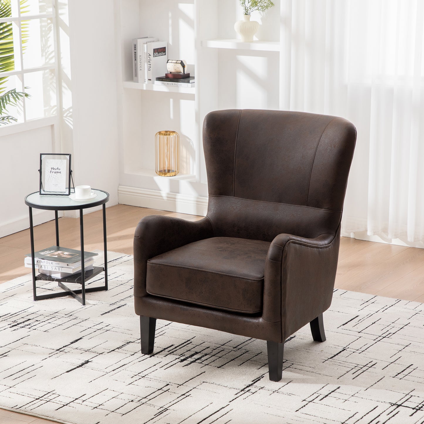 28"W PU High Back Accent Chair, Upholstered Armchair for Living Room, Retro Wingback Arm Chair,Single Sofa Bedroom Reading Seat with Solid Wood Legs, Brown image 3