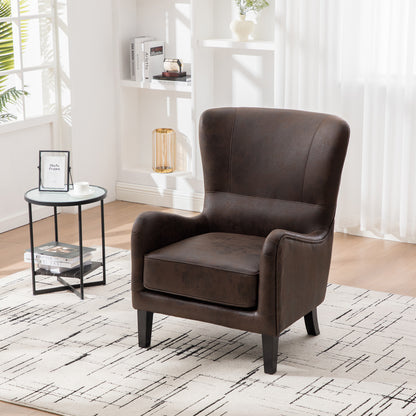 28"W PU High Back Accent Chair, Upholstered Armchair for Living Room, Retro Wingback Arm Chair,Single Sofa Bedroom Reading Seat with Solid Wood Legs, Brown image 3