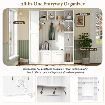 ON-TREND Farmhouse Elegant Hall Tree with 4 Side Cabinets, All-in-One Mudroom Furniture with Adjustable Shelves & Open Cubbies, Beadboard Entryway Bench with Coat Rack & 5 Hooks for Hallway, White image 4