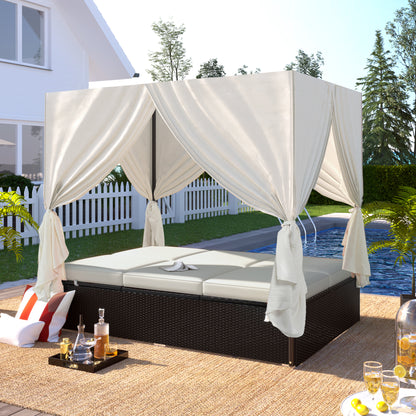 U_STYLE Outdoor Double Chaise Lounge Daybed with Curtains,Patio Outdoor Sunbed with Adjustable Backrest, Sturdy Steel Frame Loveseat Sofa for Backyard,Poolside, Terrace image 2