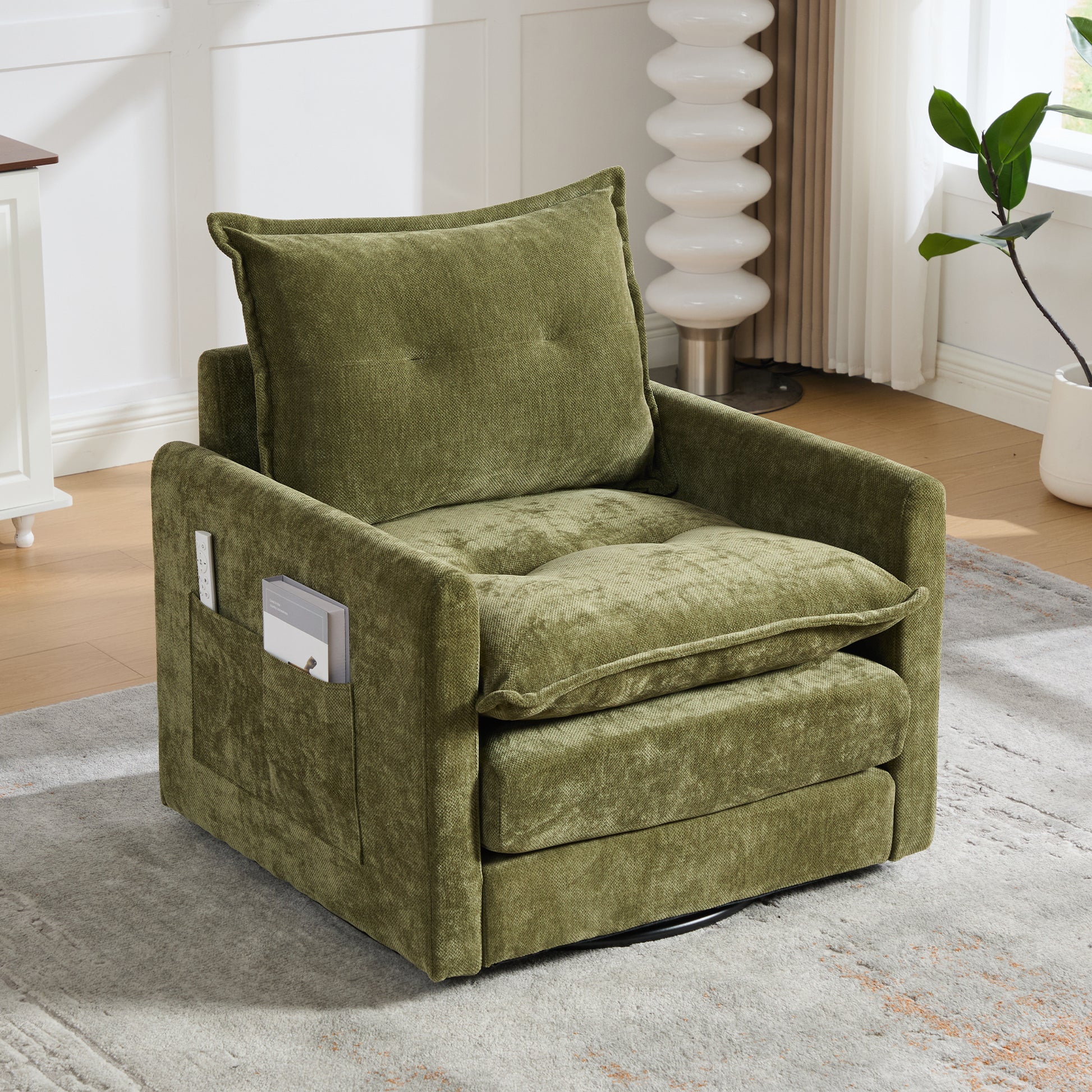 UNITED WE WIN Swivel Barrel Chair - Mid Century Modern Chair, Thick Padded Arm Chair with Solid Metal Base, Comfortable Single Sofa Chair, Swivel Accent Chair for Living Room Bedroom image 1