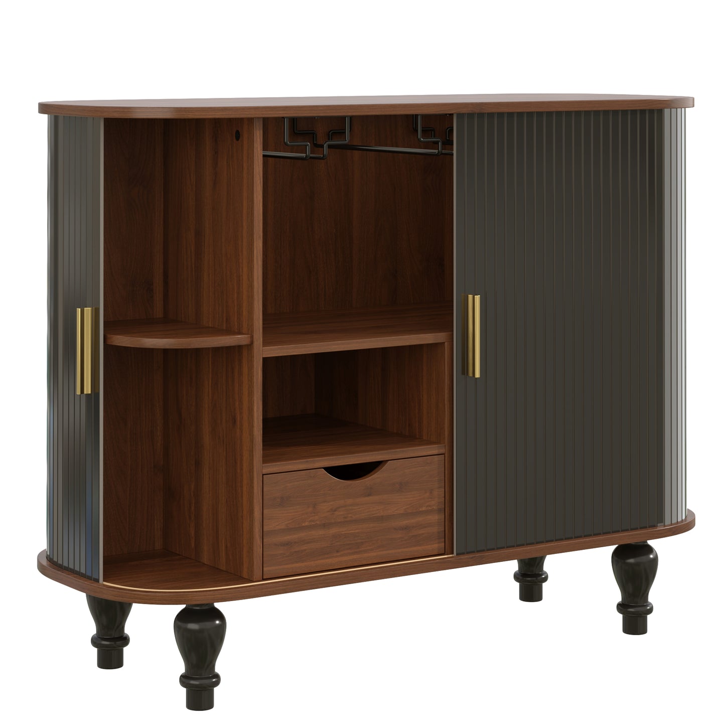 39" Fluted Liquor & Coffee Bar Cabinet with 6 Wine Racks and 3 Glass Holders, Mid-Century Modern Bar Cabinet with A Large Storage Drawer,4 Hidden Storage Space on the Side, Black image 3