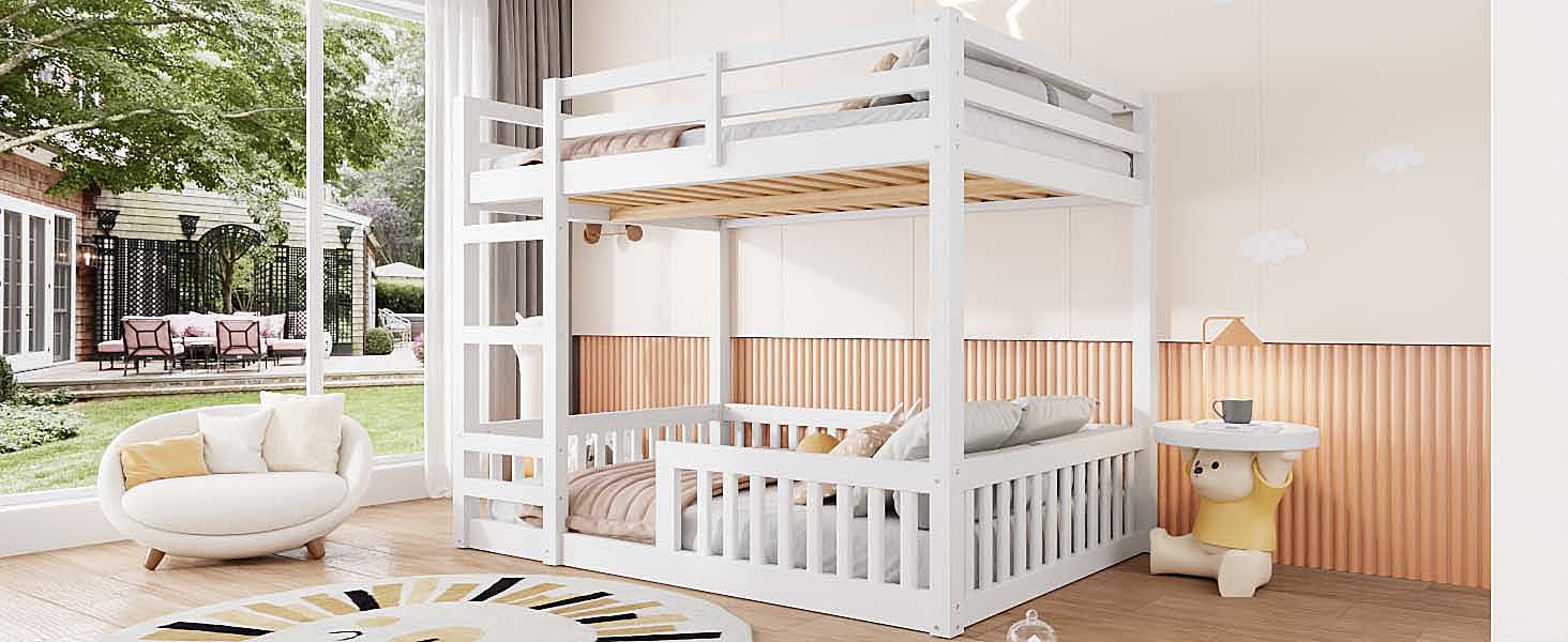 Full over Full Wood Bunk Bed with Ladder and Guardrails, White image 9