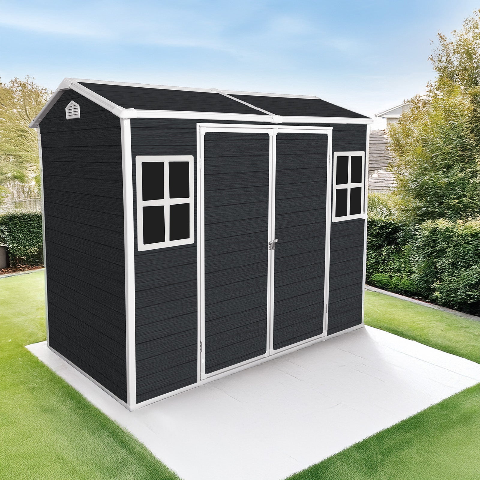 8x4ft Outdoor Resin Garden Shed with Floor and 2 Windows, Plastic Patio Outdoor Storage Shed with Lockable Door for Garden Tools, Bicycles, Trash Cans, Black image 1