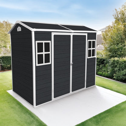 8x4ft Outdoor Resin Garden Shed with Floor and 2 Windows, Plastic Patio Outdoor Storage Shed with Lockable Door for Garden Tools, Bicycles, Trash Cans, Black image 1