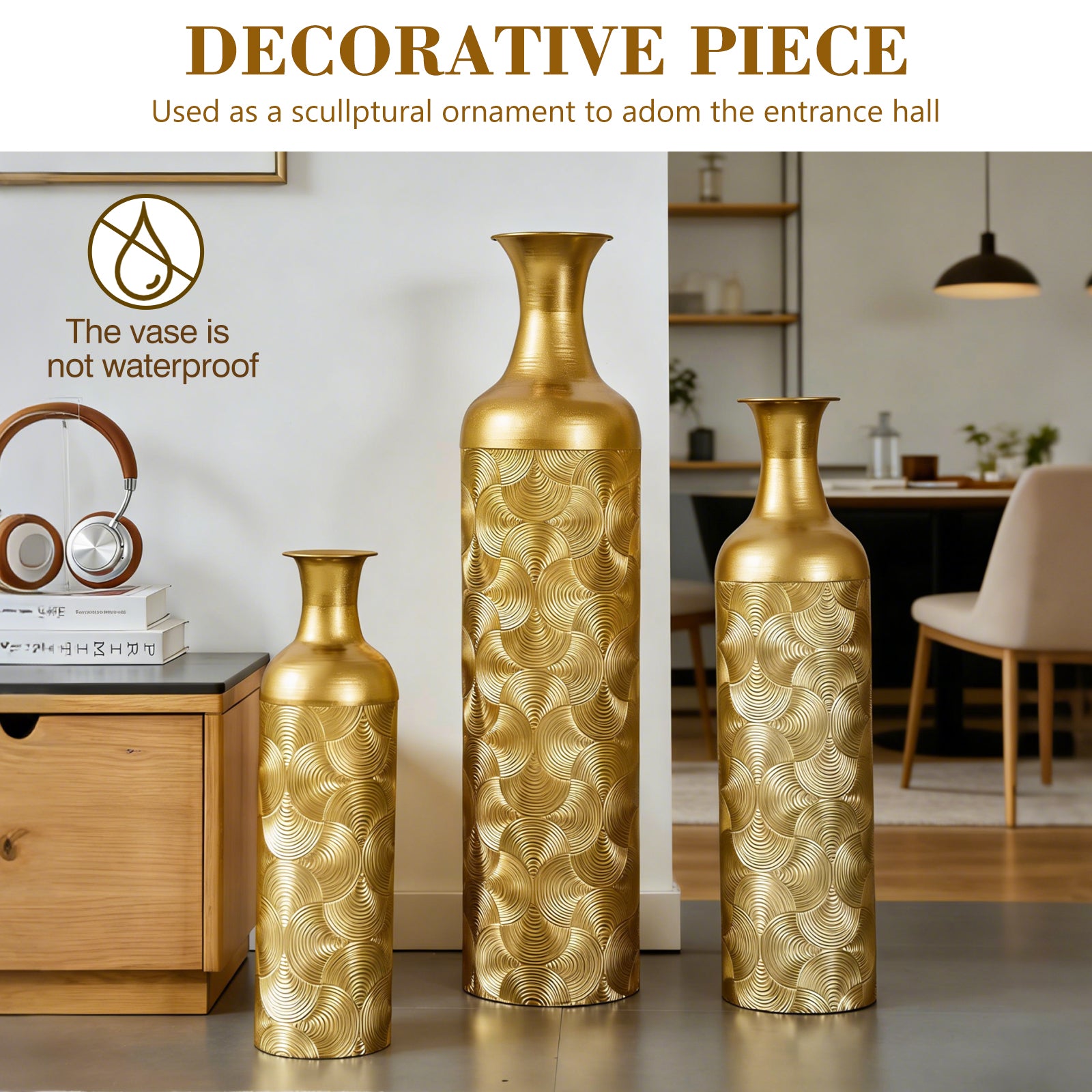 3 Pack Gold Metal Vase Set, Tall Embossed Nested Vases, Semi-Handcrafted Decorative Centerpieces for Home, Living Room, Floor, Fireplace, Not Waterproof image 5