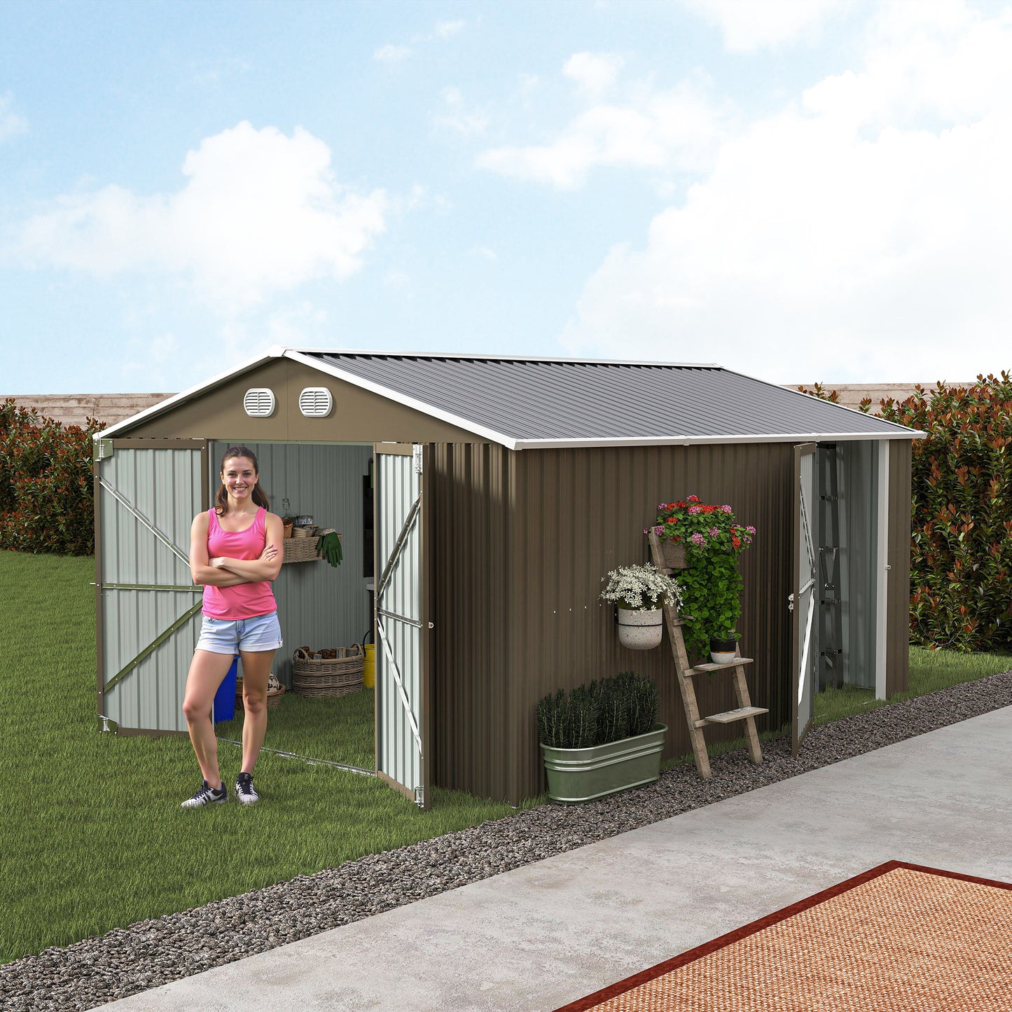 10x12 FT Outdoor Metal Storage Shed, Large Storage Sheds with Sturdy Frame Structure, Metal Garden Tool Shed with Lockable Door for Garden,Gift a foldable flower pot stand, Backyard,BROWN image 9