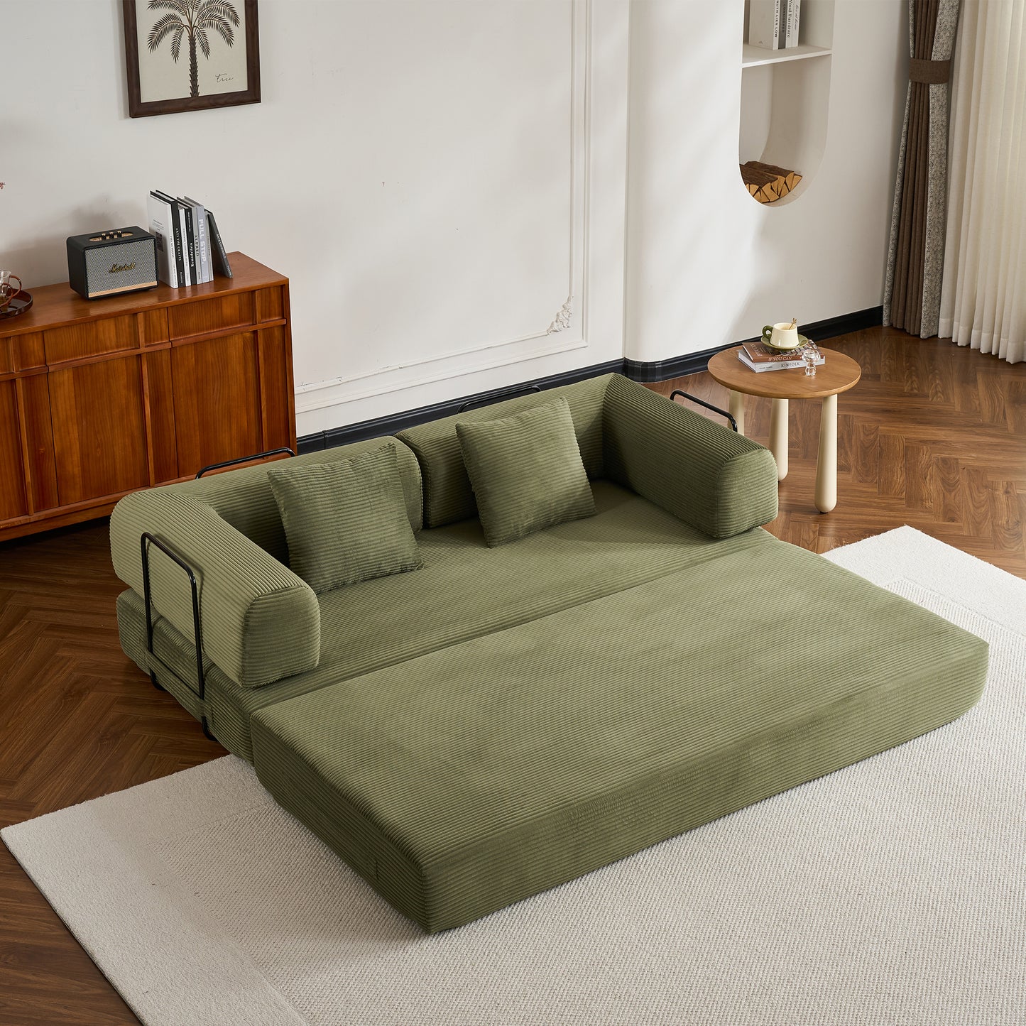 Convertible Sleeper Sofa Bed with Cylindrical Pillow, Corduroy Folding Mattress Couch with Fixed-Shape Frame, Floor Sofa Lounge Couch for Living Room Bedroom (Green) image 8