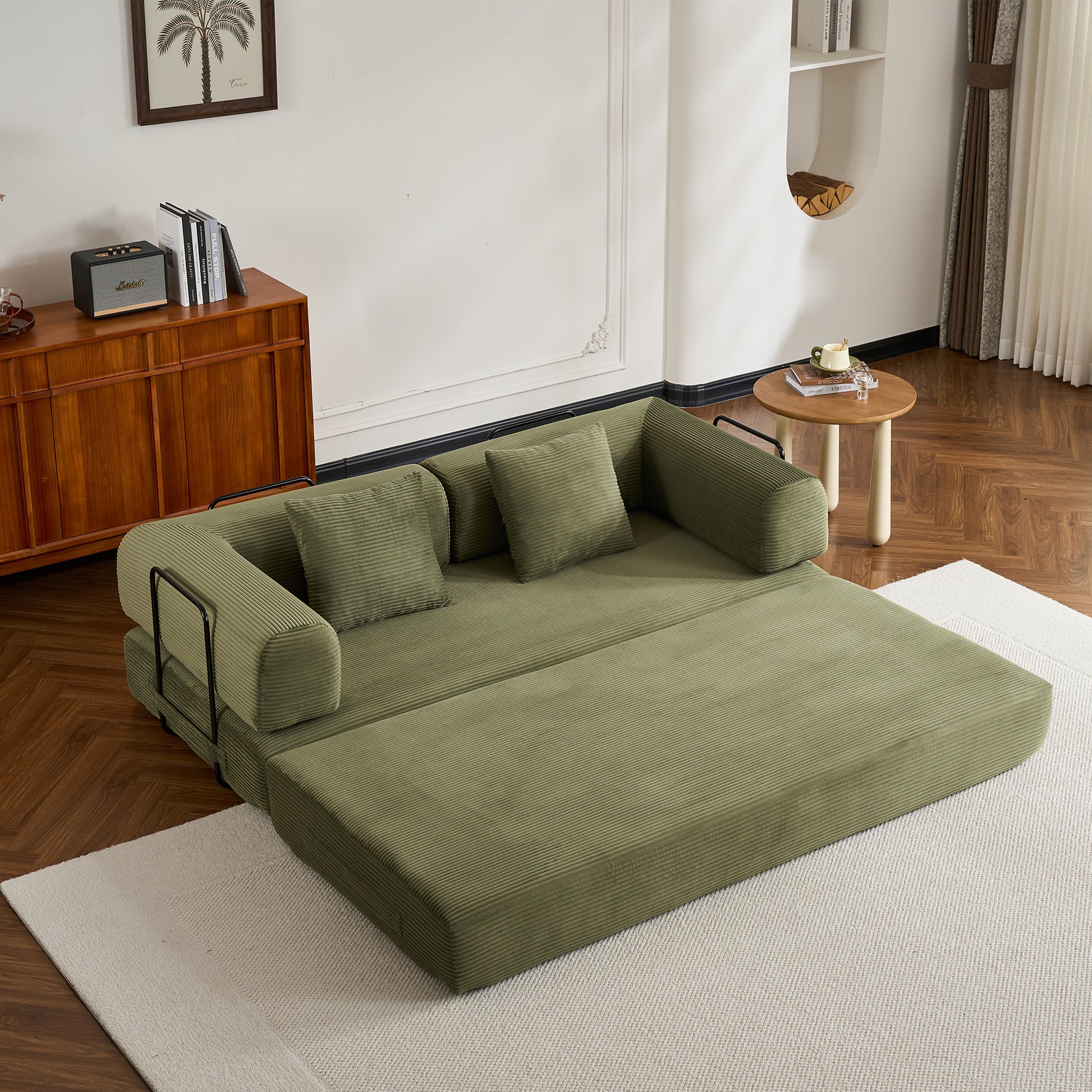 Convertible Sleeper Sofa Bed with Cylindrical Pillow, Corduroy Folding Mattress Couch with Fixed-Shape Frame, Floor Sofa Lounge Couch for Living Room Bedroom (Green) image 8
