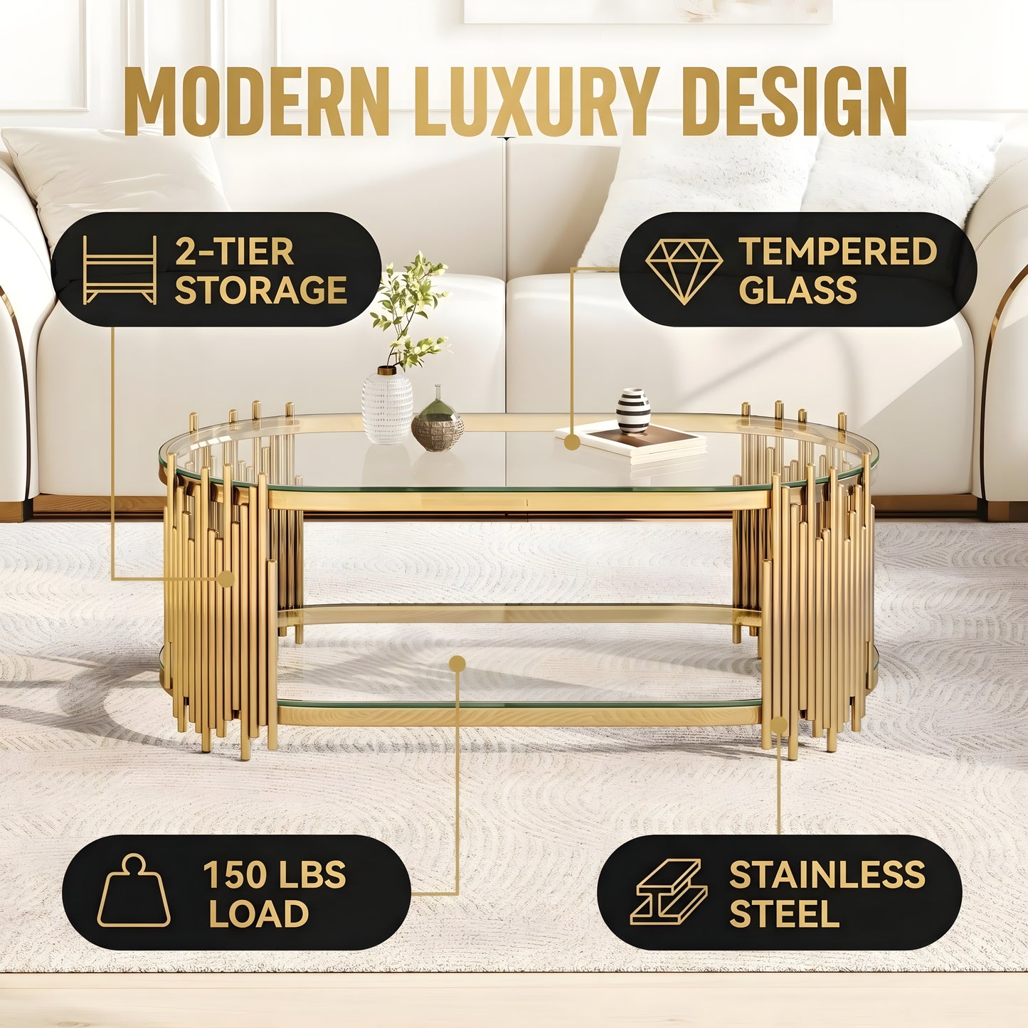Luxury Gold Coffee Table with 2-Tier Tempered Glass Shelves, Modern Oval Center Table for Living Room, Polished Stainless Steel Frame, Artistic "Organ Pipe" Design, 47" x 23.6" x 17.7" image 5
